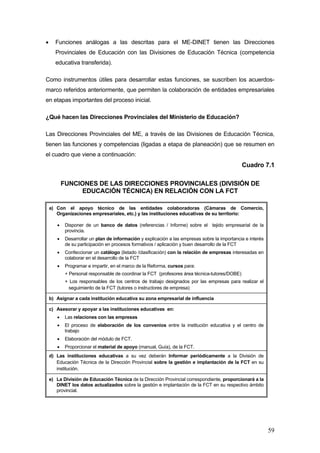 •     Funciones análogas a las descritas para el ME-DINET tienen las Direcciones
      Provinciales de Educación con las Divisiones de Educación Técnica (competencia
      educativa transferida).

Como instrumentos útiles para desarrollar estas funciones, se suscriben los acuerdos-
marco referidos anteriormente, que permiten la colaboración de entidades empresariales
en etapas importantes del proceso inicial.

¿Qué hacen las Direcciones Provinciales del Ministerio de Educación?

Las Direcciones Provinciales del ME, a través de las Divisiones de Educación Técnica,
tienen las funciones y competencias (ligadas a etapa de planeación) que se resumen en
el cuadro que viene a continuación:
                                                                                                Cuadro 7.1

           FUNCIONES DE LAS DIRECCIONES PROVINCIALES (DIVISIÓN DE
                EDUCACIÓN TÉCNICA) EN RELACIÓN CON LA FCT

    a) Con el apoyo técnico de las entidades colaboradoras (Cámaras de Comercio,
       Organizaciones empresariales, etc.) y las instituciones educativas de su territorio:

       •    Disponer de un banco de datos (referencias / Informe) sobre el tejido empresarial de la
            provincia.
       •    Desarrollar un plan de información y explicación a las empresas sobre la importancia e interés
            de su participación en procesos formativos / aplicación y buen desarrollo de la FCT
       •    Confeccionar un catálogo (listado /clasificación) con la relación de empresas interesadas en
            colaborar en el desarrollo de la FCT
       •    Programar e impartir, en el marco de la Reforma, cursos para:
            + Personal responsable de coordinar la FCT (profesores área técnica-tutores/DOBE)
            + Los responsables de los centros de trabajo designados por las empresas para realizar el
             seguimiento de la FCT (tutores o instructores de empresa)

    b) Asignar a cada institución educativa su zona empresarial de influencia

    c) Asesorar y apoyar a las instituciones educativas en:
       •    Las relaciones con las empresas
       •    El proceso de elaboración de los convenios entre la institución educativa y el centro de
            trabajo
       •    Elaboración del módulo de FCT.
       •    Proporcionar el material de apoyo (manual, Guía), de la FCT.
    d) Las instituciones educativas a su vez deberán Informar periódicamente a la División de
       Educación Técnica de la Dirección Provincial sobre la gestión e implantación de la FCT en su
       institución.

    e) La División de Educación Técnica de la Dirección Provincial correspondiente, proporcionará a la
       DINET los datos actualizados sobre la gestión e implantación de la FCT en su respectivo ámbito
       provincial.




                                                                                                             59
 