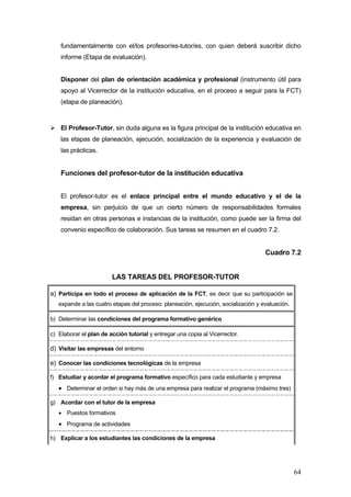 fundamentalmente con el/los profesor/es-tutor/es, con quien deberá suscribir dicho
    informe (Etapa de evaluación).


    Disponer del plan de orientación académica y profesional (instrumento útil para
    apoyo al Vicerrector de la institución educativa, en el proceso a seguir para la FCT)
    (etapa de planeación).



    El Profesor-Tutor, sin duda alguna es la figura principal de la institución educativa en
    las etapas de planeación, ejecución, socialización de la experiencia y evaluación de
    las prácticas.


    Funciones del profesor-tutor de la institución educativa


    El profesor-tutor es el enlace principal entre el mundo educativo y el de la
    empresa, sin perjuicio de que un cierto número de responsabilidades formales
    residan en otras personas e instancias de la institución, como puede ser la firma del
    convenio específico de colaboración. Sus tareas se resumen en el cuadro 7.2.


                                                                                    Cuadro 7.2


                        LAS TAREAS DEL PROFESOR-TUTOR

a) Participa en todo el proceso de aplicación de la FCT, es decir que su participación se
   expande a las cuatro etapas del proceso: planeación, ejecución, socialización y evaluación.

b) Determinar las condiciones del programa formativo genérico

c) Elaborar el plan de acción tutorial y entregar una copia al Vicerrector.

d) Visitar las empresas del entorno

e) Conocer las condiciones tecnológicas de la empresa

f) Estudiar y acordar el programa formativo específico para cada estudiante y empresa
   • Determinar el orden si hay más de una empresa para realizar el programa (máximo tres)

g) Acordar con el tutor de la empresa
   • Puestos formativos
   • Programa de actividades

h) Explicar a los estudiantes las condiciones de la empresa




                                                                                                 64
 