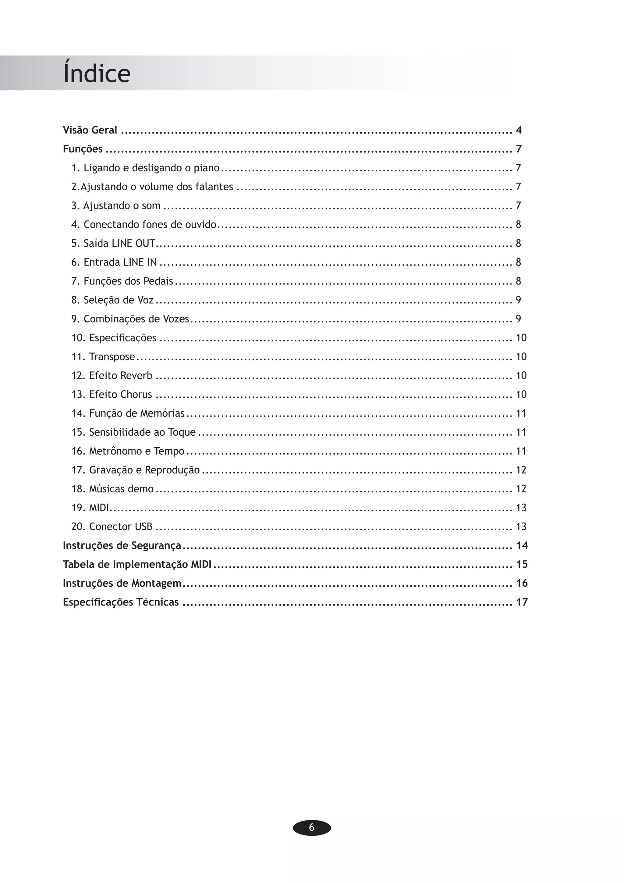 6
Índice
Visão Geral....................................................................................................... 4
Funções........................................................................................................... 7
1. Ligando e desligando o piano............................................................................. 7
2.Ajustando o volume dos falantes......................................................................... 7
3. Ajustando o som............................................................................................ 7
4. Conectando fones de ouvido.............................................................................. 8
5. Saída LINE OUT............................................................................................. 8
6. Entrada LINE IN............................................................................................. 8
7. Funções dos Pedais......................................................................................... 8
8. Seleção de Voz.............................................................................................. 9
9. Combinações de Vozes..................................................................................... 9
10. Especificações............................................................................................. 10
11. Transpose................................................................................................... 10
12. Efeito Reverb.............................................................................................. 10
13. Efeito Chorus.............................................................................................. 10
14. Função de Memórias...................................................................................... 11
15. Sensibilidade ao Toque................................................................................... 11
16. Metrônomo e Tempo...................................................................................... 11
17. Gravação e Reprodução.................................................................................. 12
18. Músicas demo.............................................................................................. 12
19. MIDI.......................................................................................................... 13
20. Conector USB.............................................................................................. 13
Instruções de Segurança....................................................................................... 14
Tabela de Implementação MIDI............................................................................... 15
Instruções de Montagem....................................................................................... 16
Especificações Técnicas....................................................................................... 17
 
