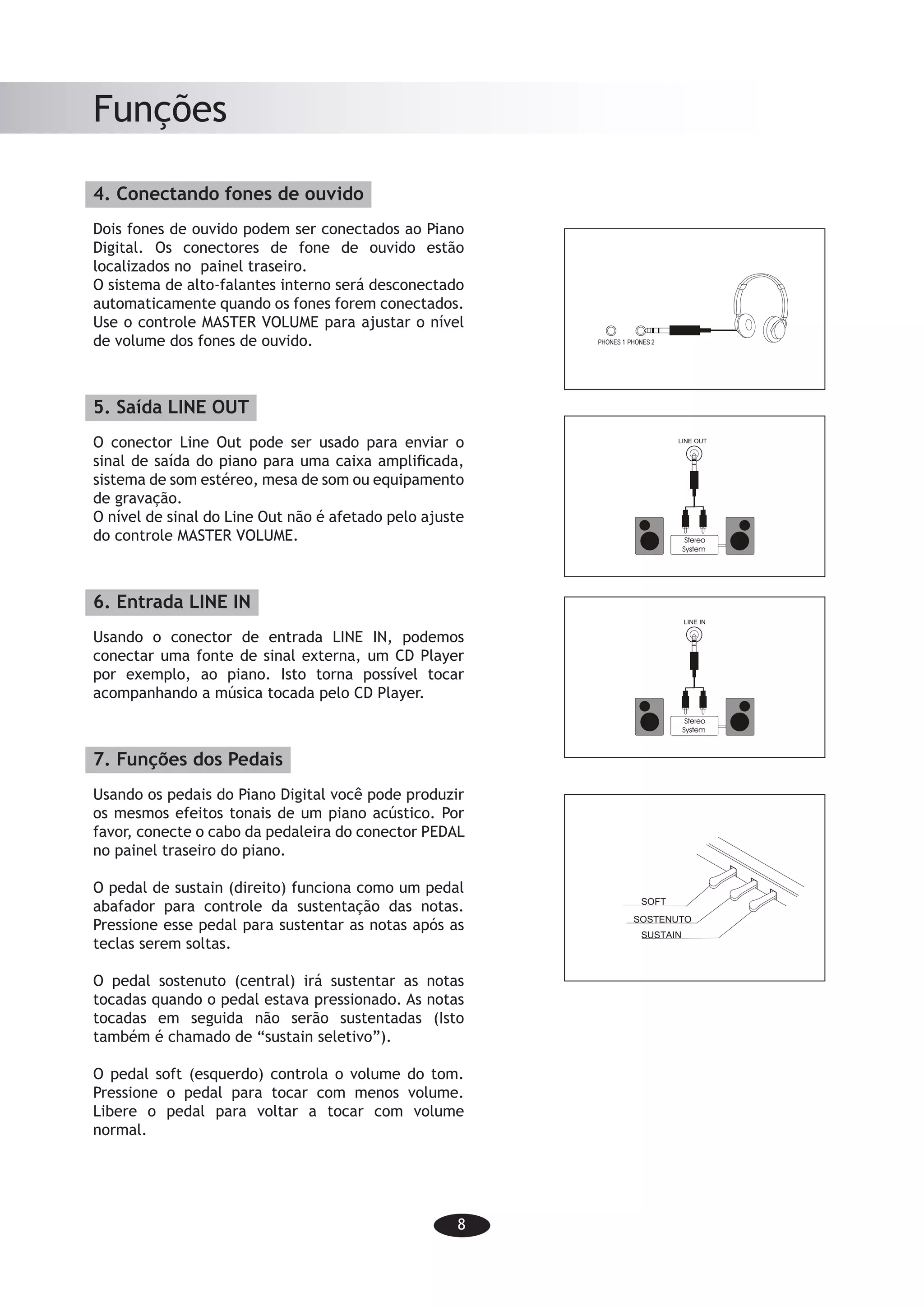 8
Funções
4. Conectando fones de ouvido
Dois fones de ouvido podem ser conectados ao Piano
Digital. Os conectores de fone de ouvido estão
localizados no painel traseiro.
O sistema de alto-falantes interno será desconectado
automaticamente quando os fones forem conectados.
Use o controle MASTER VOLUME para ajustar o nível
de volume dos fones de ouvido.
5. Saída LINE OUT
O conector Line Out pode ser usado para enviar o
sinal de saída do piano para uma caixa amplificada,
sistema de som estéreo, mesa de som ou equipamento
de gravação.
O nível de sinal do Line Out não é afetado pelo ajuste
do controle MASTER VOLUME.
6. Entrada LINE IN
Usando o conector de entrada LINE IN, podemos
conectar uma fonte de sinal externa, um CD Player
por exemplo, ao piano. Isto torna possível tocar
acompanhando a música tocada pelo CD Player.
7. Funções dos Pedais
Usando os pedais do Piano Digital você pode produzir
os mesmos efeitos tonais de um piano acústico. Por
favor, conecte o cabo da pedaleira do conector PEDAL
no painel traseiro do piano.
O pedal de sustain (direito) funciona como um pedal
abafador para controle da sustentação das notas.
Pressione esse pedal para sustentar as notas após as
teclas serem soltas.
O pedal sostenuto (central) irá sustentar as notas
tocadas quando o pedal estava pressionado. As notas
tocadas em seguida não serão sustentadas (Isto
também é chamado de “sustain seletivo”).
O pedal soft (esquerdo) controla o volume do tom.
Pressione o pedal para tocar com menos volume.
Libere o pedal para voltar a tocar com volume
normal.
-6-
Functions
PHONES 2PHONES 1
LINE OUT
Stereo
System
LINE IN
Stereo
System
SOFT
SOSTENUTO
SUSTAIN
4. Connecting headphones
Twopairs of headphonescan be connected
to the Digital Piano. The headphone jacks is
located at the back panel.
The internal loudspeaker system will switch
off automatically when headphones are
connected. Use the MASTER VOLUME
fader to adjust the headphone volume level.
5. LINE OUT Output
The Line Out jack can be used to deliver
the output of the piano to a keyboard am
plifier, stereo sound system, mixingconsole
or recording device.
The Line Out level is not affected by the
MASTER VOLUME fader setting.
6. LINE IN Input
Through the LINE IN Input jack an external
sound source, for example a CD-Player,
may be connected to the piano. This makes
it possible to play along to the music played
by the CD-Player.
7. Pedal functions
By using the pedals on the Digital Piano
you can produce the same tonal effects as
on an acoustic piano. Please connect the
pedal unit cable to the PEDAL jack on the
rear panel of the piano.
The sustain pe dal (right) functions as a
damper pedal controlling sustain. Press
the pedal to sustain notes after the keys
are released.
The sostenuto pedal (middle) will sustain
notes played when the pedal is pressed
down. Notes played afterwards will not be
sustained (This is also known as “selective sustain”).
The soft pedal (left) controls tone volume. Press down the pedal to decrease the
volume. Release the pedal to return to normal volume.
 