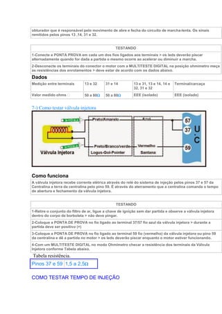 obturador que é responsável pelo movimento de abre e fecha do circuito de marcha-lenta. Os sinais
remitidos pelos pinos 13 ,14, 31 e 32.
TESTANDO
1-Conecte a PONTA PROVA em cada um dos fios ligados aos terminais > os leds deverão piscar
alternadamente quando for dada a partida o mesmo ocorre ao acelerar ou diminuir a marcha.
2-Desconecte os terminais do conector o motor com a MULTITESTE DIGITAL na posição ohmimetro meça
as resistências dos enrolamentos > deve estar de acordo com os dados abaixo.
Dados
Medição entre terminais 13 e 32 31 e 14 13 e 31, 13 e 14, 14 e
32, 31 e 32
Terminal/carcaça
Valor medido ohms 50 a 80 50 a 80 EEE (isolado) EEE (isolado)
7-) Como testar válvula injetora
Como funciona
A válvula injetora recebe corrente elétrica através do relé do sistema de injeção pelos pinos 37 e 57 da
Centralina a terra da centralina pelo pino 59. É através do aterramento que a centralina comanda o tempo
de abertura e fechamento da válvula injetora.
TESTANDO
1-Retire o conjunto do filtro de ar, ligue a chave de ignição sem dar partida e observe a válvula injetora
dentro do corpo de borboleta > não deve pingar.
2-Coloque a PONTA DE PROVA no fio ligado ao terminal 37/57 fio azul da válvula injetora > durante a
partida deve ser positivo (+)
3-Coloque a PONTA DE PROVA no fio ligado ao terminal 59 fio (vermelho) da válvula injetora ou pino 59
da centralina e dê a partida no motor > os leds deverão piscar enquanto o motor estiver funcionando.
4-Com um MULTITESTE DIGITAL no modo Ohmimetro checar a resistência dos terminais da Válvula
Injetora conforme Tabela abaixo.
Tabela resistência.
Pinos 37 e 59 1,5 a 2,5
COMO TESTAR TEMPO DE INJEÇÃO
 