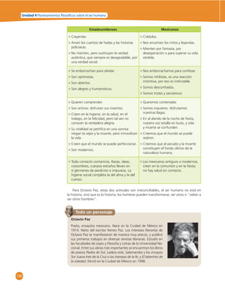 Unidad 4 Planteamientos  losó cos sobre el ser humano 
138 
Estadounidenses Mexicanos 
Creyentes 
Aman los cuentos de hadas y las historias 
policíacas. 
No mienten, pero sustituyen la verdad 
auténtica, que siempre es desagradable, por 
una verdad social. 
Crédulos 
Nos encantan los mitos y leyendas. 
Mienten por fantasía, por 
desesperación o para superar su vida 
sórdida. 
Se emborrachan para olvidar. 
Son optimistas. 
Son abiertos. 
Son alegres y humanísticos. 
Nos emborrachamos para confesar. 
Somos nihilistas, es una reacción 
instintiva, por eso es irrefutable. 
Somos desconfi ados. 
Somos tristes y sarcásticos 
Quieren comprender. 
Son activos: disfrutan sus inventos. 
Creen en la higiene, en la salud, en el 
trabajo, en la felicidad, pero tal vez no 
conocen la verdadera alegría. 
Su vitalidad se petrifi ca en una sonrisa: 
niegan la vejez y la muerte, pero inmovilizan 
la vida. 
Creen que el mundo se puede perfeccionar. 
Son modernos. 
Queremos contemplar. 
Somos inquietos: disfrutamos 
nuestras llagas. 
En al alarido de la noche de fi esta, 
nuestra voz estalla en luces, y vida 
y muerte se confunden. 
Creemos que el mundo se puede 
redimir. 
Creemos que el pecado y la muerte 
constituyen el fondo último de la 
naturaleza humana. 
Todo contacto contamina. Razas, ideas, 
costumbres, cuerpos extraños llevan en 
sí gérmenes de perdición e impureza. La 
higiene social completa la del alma y la del 
cuerpo. 
Los mexicanos antiguos o modernos, 
creen en la comunión y en la fi esta; 
no hay salud sin contacto. 
Para Octavio Paz, estas dos actitudes son irreconciliables, el ser humano no está en 
la historia, sino que es la historia; los hombres pueden transformarse, ser otros o “volver a 
ser otros hombres”. 
Todo un personaje 
Octavio Paz 
Poeta, ensayista mexicano. Nace en la Ciudad de México en 
1914. Nieto del escritor Ireneo Paz. Los intereses literarios de 
Octavio Paz se manifestaron de manera muy precoz, y publicó 
sus primeros trabajos en diversas revistas literarias. Estudió en 
las facultades de Leyes y Filosofía y Letras de la Universidad Na-cional. 
Entre sus obras más importantes se encuentran los libros 
de poesía Piedra de Sol, Ladera este, Salamandra y los ensayos 
Sor Juana Inés de la Cruz o las trampas de la fe, y El laberinto de 
la soledad. Murió en la Ciudad de México en 1998. 
 