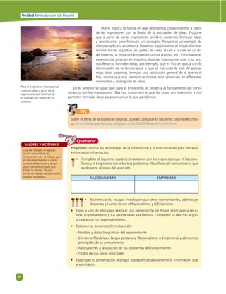 48 
Unidad 1 Introducción a la  losofía 
VALORES Y ACTITUDES 
Cuando trabajes en equipo 
asume una actitud de 
compromiso con el trabajo que 
te toca desempeñar. Cumple 
con tus obligaciones y apoya 
a tus compañeros para que 
hagan lo mismo. De esta 
forma su trabajo tendrá mucho 
mejores resultados. 
De lo anterior se sigue que para el Empirismo, el origen y el fundamento del cono-cimiento 
son las impresiones. Ellas nos transmiten lo que las cosas son realmente y nos 
permiten formular ideas para comunicar lo que percibimos. 
TIC 
Hume explica la forma en que obtenemos conocimientos a partir 
de las impresiones con la Teoría de la asociación de ideas. Propone 
que a partir de varias impresiones similares podemos formular ideas 
y relacionarlas para formular un concepto. Pongamos un ejemplo de 
cómo se aplicaría esta teoría. Podemos experimentar el frío en distintas 
circunstancias: al probar una paleta de hielo, al salir a la calle en un día 
de invierno, al mojarnos los pies en un día lluvioso, etc. Estas variadas 
experiencias originan en nosotros distintas impresiones que, a su vez, 
nos llevan a formular ideas; por ejemplo, que el frío se asocia con la 
disminución de la temperatura o que el frío eriza la piel. Al asociar 
estas ideas podemos formular una conclusión general de lo que es el 
frío, misma que nos permita reconocer esta sensación en diferentes 
momentos y distinguirla de otras. 
Sobre el tema de la copia y el original, puedes consultar la siguiente página electróni-ca: 
«http://philosophiescolar.blogspot.com/2009/04/david-hume.htlm» 
Para el Empirismo, formulamos 
nuestras ideas a partir de la 
experiencia que tenemos de 
la realidad por medio de los 
sentidos. 
Quehacer 
Propósito: Utilizar las tecnologías de la información y la comunicación para procesar 
e interpretar información. 
• Completa el siguiente cuadro comparativo con las respuestas que el Raciona-lismo 
y el Empirismo dan a los tres problemas fi losófi cos del conocimiento que 
explicamos al inicio del apartado. 
RACIONALISMO EMPIRISMO 
• Reúnete con tu equipo. Investiguen qué otros representantes, además de 
Descartes y Hume, tienen el Racionalismo y el Empirismo. 
• Elijan a uno de ellos para elaborar una presentación de Power Point acerca de su 
vida, su pensamiento y sus aportaciones a la fi losofía. Comenten su elección al gru-po 
para que no haya repeticiones. 
• Elaboren su presentación incluyendo: 
- Nombre y datos biográfi cos del representante 
- Corriente fi losófi ca a la que pertenece (Racionalismo o Empirismo) y elementos 
principales de su pensamiento 
- Aportaciones a la solución de los problemas del conocimiento 
- Títulos de sus obras principales 
• Expongan su presentación al grupo; expliquen detalladamente la información que 
encontraron. 
 