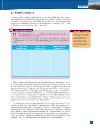 99 
FILOSOFÍA 
VALORES Y ACTITUDES 
Una actitud de interés hacia 
el tema de la política no sólo 
te ayudará a comprender 
mejor los contenidos de 
esta unidad, sino que te 
permitirá cultivar algunos 
valores ciudadanos como 
la participación, la crítica y la 
solidaridad. 
3.2 Filosofía política 
La noción de política para la fi losofía griega es un tanto distinta de la que tenemos hoy en 
día. Por ejemplo, la conclusión aristotélica de que todos los seres humanos somos políti-cos 
puede no corresponder con nuestra idea de que político es la persona que participa 
directamente en los asuntos del gobierno, como un diputado o un senador. Pero, ¿en qué 
sentido somos entonces políticos? ¿Qué es la política? 
• Comenten qué entienden por política y contrasten esa idea con las no-ciones 
fi losófi cas que estudiaron. 
• Elaboren en el cuaderno un cuadro comparativo de su idea de política y las 
ideas fi losófi cas que hemos mencionado. Pueden guiarse con el siguiente mo-delo. 
Yo pienso que 
la política es… 
Según Platón 
la política es… 
Según Aristóteles 
la política es… 
Retroalimentación 
Tal vez notaste una diferencia importante después del ejercicio. Mientras que muchas 
de nuestras ideas reproducen la experiencia, el pensamiento fi losófi co considera lo que 
las cosas deberían ser, conforme a la razón. Así, en relación con la política, la experiencia 
puede mostrarnos que ahí surge la corrupción, que quienes se dedican a ella buscan be-nefi 
cios personales, que no es fácil hacer las cosas bien y que a muchas personas no les 
interesa. Pero si tratas de pensar fi losófi camente –es decir, buscando las causas y razones– 
verás que las cosas no siempre son determinadas por la experiencia y que a pesar de cómo 
se dan algunas situaciones en la práctica, podemos pensar que deberían ser de otra forma. 
A este análisis racional acerca de la sociedad, el estado y las distintas formas en que se 
organizan los individuos se le conoce como fi losofía política. 
Los antecedentes de esta disciplina están en la fi losofía griega, pero alcanzan un im-portante 
desarrollo en el Renacimiento. Es el tiempo de las utopías y los tratados para la 
formación de los gobernantes. La fi losofía política continúa desarrollándose a lo largo de 
la modernidad, cuando se plantean diversas teorías para explicar el origen de la sociedad. 
Por su relevancia para la organización y convivencia de los seres humanos, así como el 
análisis de problemas como injusticia, intolerancia o discriminación, la fi losofía política es 
una de las disciplinas fi losófi cas con mayor vigencia en nuestros días. Los alemanes Jürgen 
Habermas y Karl Otto Apel fi guran entre sus representantes contemporáneos. 
 