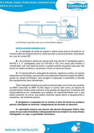 Fig.5-Exemplo esquemático para que a bomba trabalhe afogada.

INSTALAÇÃO HIDRÁULICA
A – A tubulação de saída do esgoto e retorno para piscina deverão ter no
mínimo 0,90m de comprimento livre. Deve-se evitar o uso de cotovelos, recomendase o uso de curvas 90º.
B – As entradas e saídas da válvula multi-vias são de 2" (polegadas) para o
FM100 e 2 ½” (polegadas) para os FVP100 e 120; com rosca para facilitar a
manutenção; com isso deve-se tomar o cuidado quando rosqueá-lo para que não
ocorra um aperto excessivo, causando a trinca na rosca da válvula.
C – É imprescindível a colocação de válvulas, registros e uniões, em pontos
adequados da tubulação, para permitir a remoção para limpeza do cesto do préfiltro,
ajustar as vazões de filtração, retro lavagem e aspiração; e possibilitar a retirada
dos equipamentos para manutenção.
Toda instalação hidráulica em piscinas deverá seguir as normas que constam
na ABNT prescritas na NBR 10.339. Seguir a norma, bem como, os tópicos de
procedimentos citados neste manual é uma questão de segurança. A empresa não
responsabiliza-se por instalações que estejam em desconformidade com o que
estiver prescrito na norma, que podem acarretar desde danos à equipamentos e
acessórios, até acidentes graves.
É obrigatório a instalação de no mínimo 2 ralos de fundo em qualquer
piscina interligada ao skimmer, independente do formato ou tamanho.
A velocidade máxima nos drenos não deverá ultrapassar 0,6m/s. Nos
casos em que esta velocidade é ultrapassada deve-se instalar 3 ou mais drenos
interligados, ou seja, a quantidade necessária.

7

 