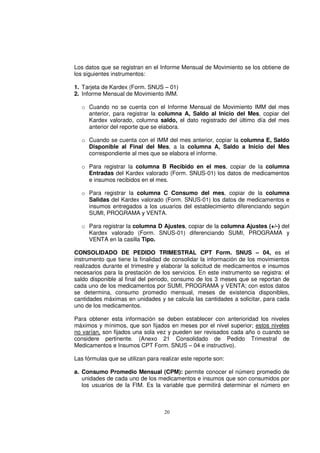 20
Los datos que se registran en el Informe Mensual de Movimiento se los obtiene de
los siguientes instrumentos:
1. Tarjeta de Kardex (Form. SNUS – 01)
2. Informe Mensual de Movimiento IMM.
o Cuando no se cuenta con el Informe Mensual de Movimiento IMM del mes
anterior, para registrar la columna A, Saldo al Inicio del Mes, copiar del
Kardex valorado, columna saldo, el dato registrado del último día del mes
anterior del reporte que se elabora.
o Cuando se cuenta con el IMM del mes anterior, copiar la columna E, Saldo
Disponible al Final del Mes, a la columna A, Saldo a Inicio del Mes
correspondiente al mes que se elabora el informe.
o Para registrar la columna B Recibido en el mes, copiar de la columna
Entradas del Kardex valorado (Form. SNUS-01) los datos de medicamentos
e insumos recibidos en el mes.
o Para registrar la columna C Consumo del mes, copiar de la columna
Salidas del Kardex valorado (Form. SNUS-01) los datos de medicamentos e
insumos entregados a los usuarios del establecimiento diferenciando según
SUMI, PROGRAMA y VENTA.
o Para registrar la columna D Ajustes, copiar de la columna Ajustes (+/-) del
Kardex valorado (Form. SNUS-01) diferenciando SUMI, PROGRAMA y
VENTA en la casilla Tipo.
CONSOLIDADO DE PEDIDO TRIMESTRAL CPT Form. SNUS – 04, es el
instrumento que tiene la finalidad de consolidar la información de los movimientos
realizados durante el trimestre y elaborar la solicitud de medicamentos e insumos
necesarios para la prestación de los servicios. En este instrumento se registra: el
saldo disponible al final del periodo, consumo de los 3 meses que se reportan de
cada uno de los medicamentos por SUMI, PROGRAMA y VENTA; con estos datos
se determina, consumo promedio mensual, meses de existencia disponibles,
cantidades máximas en unidades y se calcula las cantidades a solicitar, para cada
uno de los medicamentos.
Para obtener esta información se deben establecer con anterioridad los niveles
máximos y mínimos, que son fijados en meses por el nivel superior; estos niveles
no varían, son fijados una sola vez y pueden ser revisados cada año o cuando se
considere pertinente. (Anexo 21 Consolidado de Pedido Trimestral de
Medicamentos e Insumos CPT Form. SNUS – 04 e instructivo).
Las fórmulas que se utilizan para realizar este reporte son:
a. Consumo Promedio Mensual (CPM): permite conocer el número promedio de
unidades de cada uno de los medicamentos e insumos que son consumidos por
los usuarios de la FIM. Es la variable que permitirá determinar el número en
 