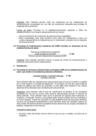 27
Propósito: Este indicador permite medir las condiciones de las instalaciones de
almacenamiento comparadas con una lista de condiciones requeridas para proteger la
integridad de los productos.
Fuente de datos: Encuesta en el establecimiento/visitas logísticas a todos los
establecimientos o una muestra representativa de los mismos.
- Lista de verificación de condiciones de almacenamiento aceptables.
- Datos recolectados para cada condición para todas las instalaciones o para una
muestra representativa de instalaciones por un observador conocedor de los requisitos
de almacenamiento.
4.2 Porcentaje de medicamentos trazadores del SUMI vencidos en almacenes de los
establecimientos de salud.
Número de medicamentos trazadores
SUMI vencidos en los EDS __ X 100
Número total de medicamentos trazadores SUMI
Propósito: Este indicador permitirá conocer el grado de control de almacenamiento y
fechas de vencimiento de los medicamentos.
5. Distribución:
5.1 Porcentaje de farmacias institucionales municipales (FIM) de los establecimientos de
salud que reciben la cantidad de productos solicitados.
_Cantidad recibida – Cantidad ordenada_ X 100
Cantidad ordenada
Este indicador debe ser calculado para cada producto para el cual se ha hecho un pedido
de un nivel superior o un pedido de adquisición. Si se desea una cifra de la tasa media de
llenado de pedidos para todos los productos, la cifra debe estar basada en los valores
absolutos de las discrepancias calculadas para cada producto.
Propósitos: Este indicador mide la tasa de cumplimiento de pedidos (si las cantidades
solicitadas son las que se envían) para insumos seleccionados durante un período de
tiempo definido. Para entender mejor cómo el personal de logística está manejando su
inventario, el indicador muestra si los pedidos están siendo enviados de forma completa y
en forma expedita. Puede ser calculado en cada establecimiento de salud para identificar
insumos y/o proveedores problemáticos o para identificar áreas que necesitan mejoras en
otros niveles del sistema donde los establecimientos determinan sus propias cantidades de
pedidos, incluyendo el nivel nacional.
Indicadores relacionados:
- Duración media del tiempo entre la fecha en que se hizo un pedido y la fecha de su
recepción.
 