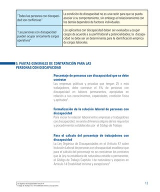 13
Porcentaje de personas con discapacidad que se debe
contratar
Las empresas públicas y privadas que tengan 25 o más
trabajadores, debe contratar el 4% de personas con
discapacidad en labores permanentes, apropiadas en
relación a sus conocimientos, capacidades, condición física
y aptitudes3
.
Formalización de la relación laboral de personas con
discapacidad
Para iniciar la relación laboral entre empresas y trabajadores
con discapacidad, no existe diferencia alguna de los requisitos
y procedimientos establecidos por el Código de Trabajo.
Para el cálculo del porcentaje de trabajadores con
discapacidad
La Ley Orgánica de Discapacidades en el Artículo 47 sobre
Inclusión Laboral de personas con discapacidad establece que
para el cálculo del porcentaje no se consideran los contratos
que la Ley no establezca de naturaleza estable o permanente;
el Código de Trabajo Capítulo I de naturaleza y especies en
Artículo 14 Estabilidad mínima y excepciones4.
5. PAUTAS GENERALES DE CONTRATACIÓN PARA LAS
PERSONAS CON DISCAPACIDAD
“Todas las personas con discapaci-
dad son conflictivas”
La condición de discapacidad no es una razón para que se pueda
asociar a su comportamiento, sin embargo el relacionamiento con
los demás dependerá de factores individuales.
“Las personas con discapacidad
pueden ocupar únicamente cargos
operativos”
Los aplicantes con discapacidad deben ser evaluados y ocupar
cargos de acuerdo a su perfil laboral y potencialidades; la discapa-
cidad no debe ser un determinante para la identificación empírica
de cargos laborales.
3 Ley Orgánica de Discapacidades Artículo 47
4
Código de Trabajo Art. 14 Estabilidad mínima y excepciones
 