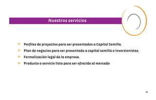 Nuestros servicios




*   Perfiles de proyectos para ser presentados a Capital Semilla.

*   Plan de negocios para ser presentado a capital semilla o inversionistas.

*   Formalización legal de la empresa.

*   Producto o servicio listo para ser ofrecido al mercado




                                                                               33
 