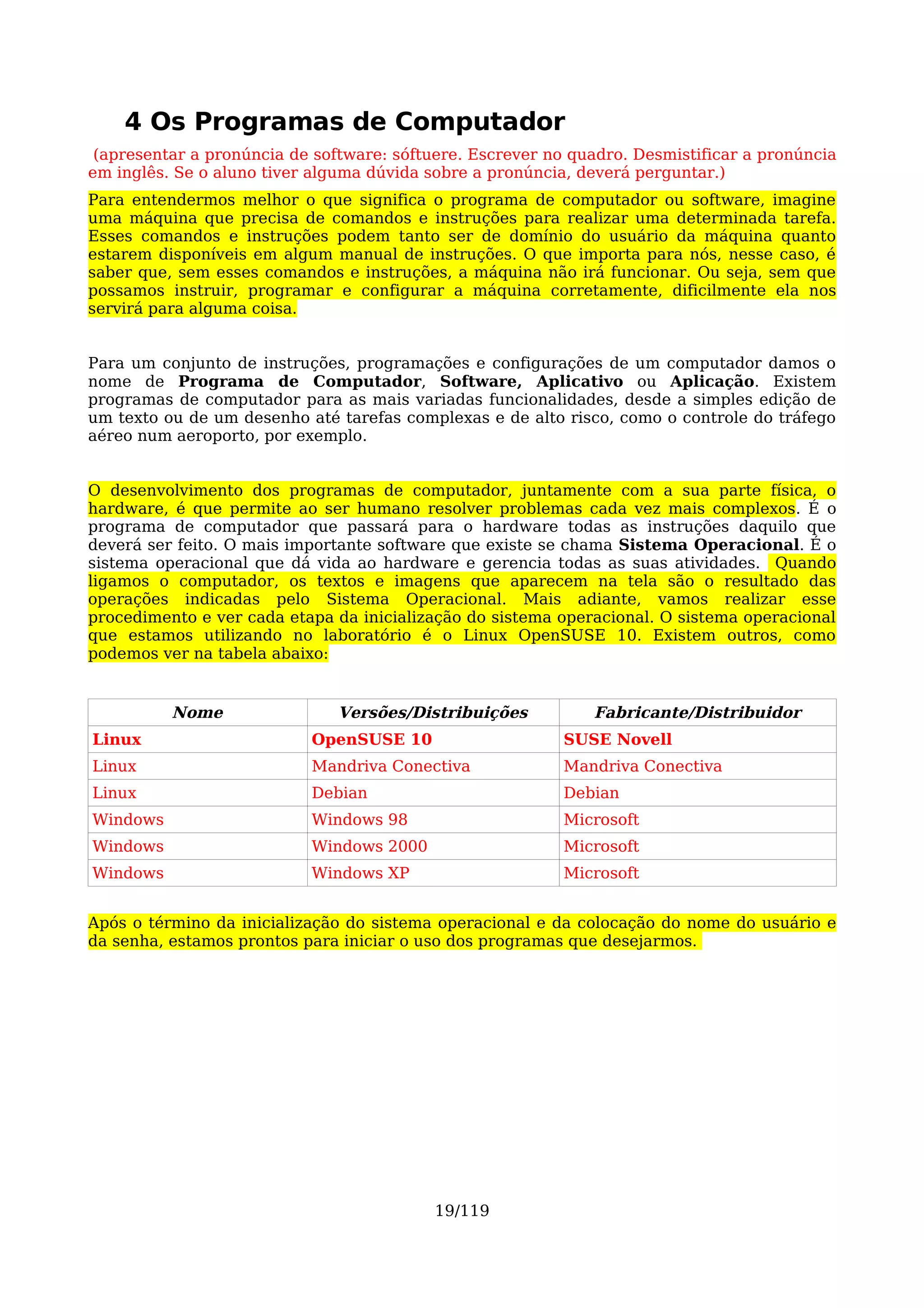 4 Os Programas de Computador
 (apresentar a pronúncia de software: sóftuere. Escrever no quadro. Desmistificar a pronúncia
em inglês. Se o aluno tiver alguma dúvida sobre a pronúncia, deverá perguntar.)
Para entendermos melhor o que significa o programa de computador ou software, imagine
uma máquina que precisa de comandos e instruções para realizar uma determinada tarefa.
Esses comandos e instruções podem tanto ser de domínio do usuário da máquina quanto
estarem disponíveis em algum manual de instruções. O que importa para nós, nesse caso, é
saber que, sem esses comandos e instruções, a máquina não irá funcionar. Ou seja, sem que
possamos instruir, programar e configurar a máquina corretamente, dificilmente ela nos
servirá para alguma coisa.


Para um conjunto de instruções, programações e configurações de um computador damos o
nome de Programa de Computador, Software, Aplicativo ou Aplicação. Existem
programas de computador para as mais variadas funcionalidades, desde a simples edição de
um texto ou de um desenho até tarefas complexas e de alto risco, como o controle do tráfego
aéreo num aeroporto, por exemplo.


O desenvolvimento dos programas de computador, juntamente com a sua parte física, o
hardware, é que permite ao ser humano resolver problemas cada vez mais complexos. É o
programa de computador que passará para o hardware todas as instruções daquilo que
deverá ser feito. O mais importante software que existe se chama Sistema Operacional. É o
sistema operacional que dá vida ao hardware e gerencia todas as suas atividades. Quando
ligamos o computador, os textos e imagens que aparecem na tela são o resultado das
operações indicadas pelo Sistema Operacional. Mais adiante, vamos realizar esse
procedimento e ver cada etapa da inicialização do sistema operacional. O sistema operacional
que estamos utilizando no laboratório é o Linux OpenSUSE 10. Existem outros, como
podemos ver na tabela abaixo:


          Nome                 Versões/Distribuições          Fabricante/Distribuidor
Linux                      OpenSUSE 10                     SUSE Novell
Linux                      Mandriva Conectiva              Mandriva Conectiva
Linux                      Debian                          Debian
Windows                    Windows 98                      Microsoft
Windows                    Windows 2000                    Microsoft
Windows                    Windows XP                      Microsoft


Após o término da inicialização do sistema operacional e da colocação do nome do usuário e
da senha, estamos prontos para iniciar o uso dos programas que desejarmos.




                                           19/119
 