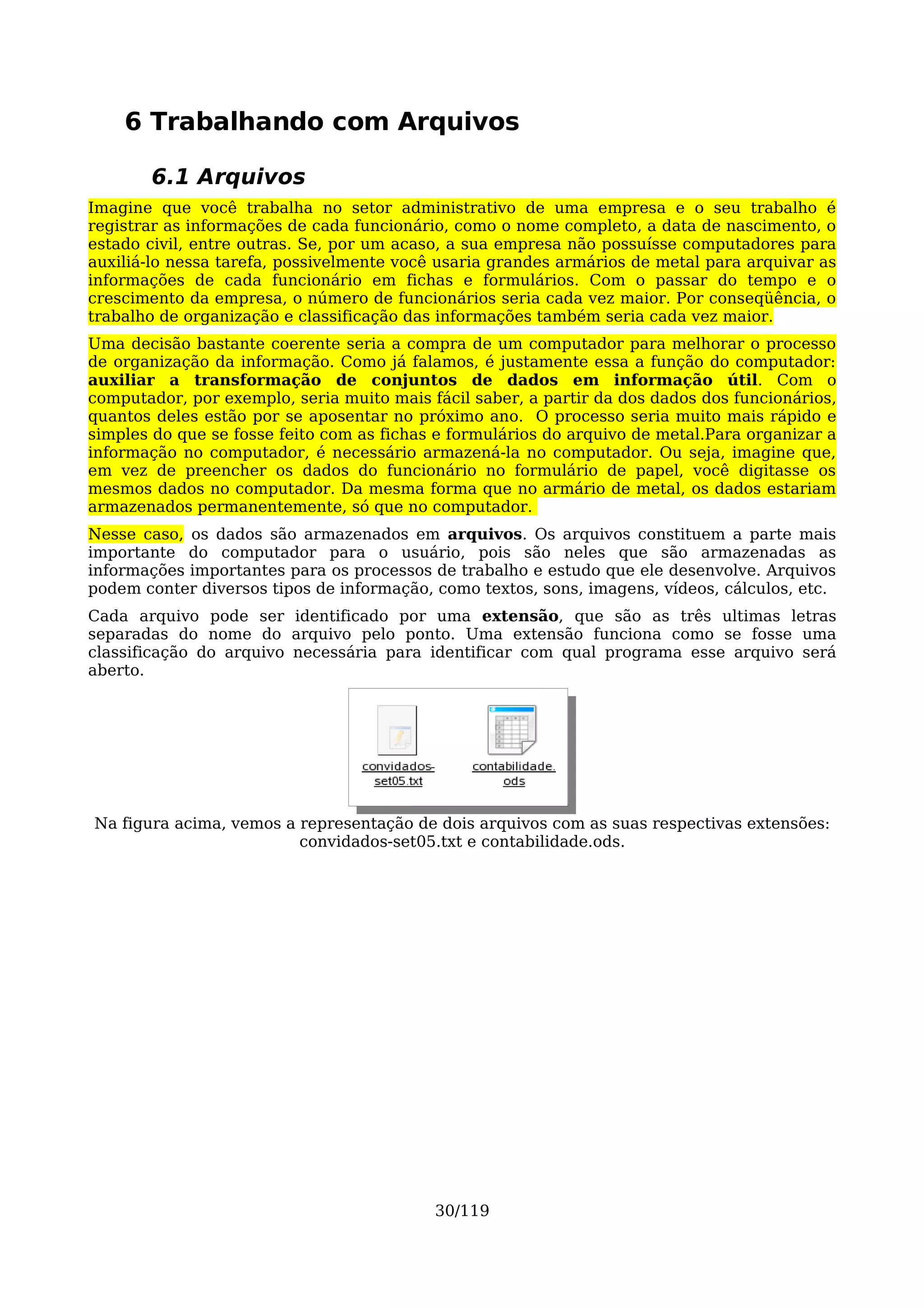 6 Trabalhando com Arquivos

       6.1 Arquivos
Imagine que você trabalha no setor administrativo de uma empresa e o seu trabalho é
registrar as informações de cada funcionário, como o nome completo, a data de nascimento, o
estado civil, entre outras. Se, por um acaso, a sua empresa não possuísse computadores para
auxiliá-lo nessa tarefa, possivelmente você usaria grandes armários de metal para arquivar as
informações de cada funcionário em fichas e formulários. Com o passar do tempo e o
crescimento da empresa, o número de funcionários seria cada vez maior. Por conseqüência, o
trabalho de organização e classificação das informações também seria cada vez maior.
Uma decisão bastante coerente seria a compra de um computador para melhorar o processo
de organização da informação. Como já falamos, é justamente essa a função do computador:
auxiliar a transformação de conjuntos de dados em informação útil. Com o
computador, por exemplo, seria muito mais fácil saber, a partir da dos dados dos funcionários,
quantos deles estão por se aposentar no próximo ano. O processo seria muito mais rápido e
simples do que se fosse feito com as fichas e formulários do arquivo de metal.Para organizar a
informação no computador, é necessário armazená-la no computador. Ou seja, imagine que,
em vez de preencher os dados do funcionário no formulário de papel, você digitasse os
mesmos dados no computador. Da mesma forma que no armário de metal, os dados estariam
armazenados permanentemente, só que no computador.
Nesse caso, os dados são armazenados em arquivos. Os arquivos constituem a parte mais
importante do computador para o usuário, pois são neles que são armazenadas as
informações importantes para os processos de trabalho e estudo que ele desenvolve. Arquivos
podem conter diversos tipos de informação, como textos, sons, imagens, vídeos, cálculos, etc.
Cada arquivo pode ser identificado por uma extensão, que são as três ultimas letras
separadas do nome do arquivo pelo ponto. Uma extensão funciona como se fosse uma
classificação do arquivo necessária para identificar com qual programa esse arquivo será
aberto.




Na figura acima, vemos a representação de dois arquivos com as suas respectivas extensões:
                         convidados-set05.txt e contabilidade.ods.




                                           30/119
 