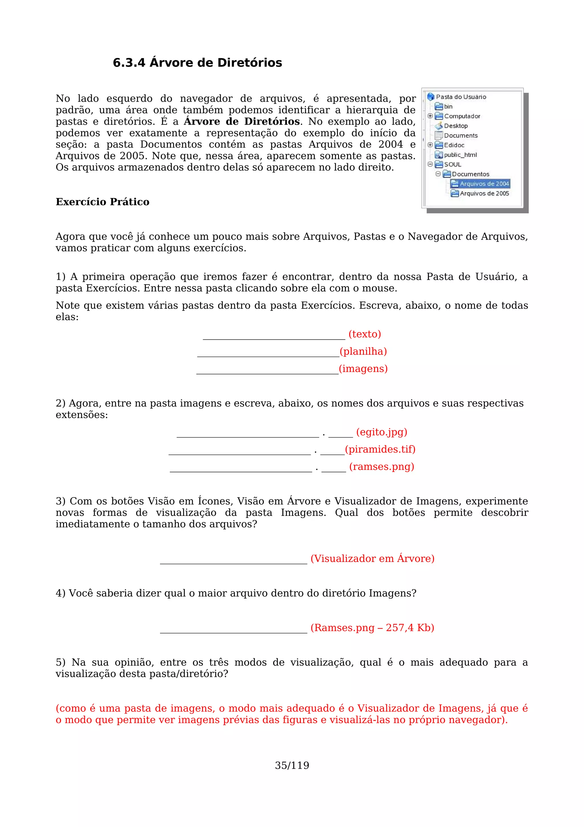 6.3.4 Árvore de Diretórios

No lado esquerdo do navegador de arquivos, é apresentada, por
padrão, uma área onde também podemos identificar a hierarquia de
pastas e diretórios. É a Árvore de Diretórios. No exemplo ao lado,
podemos ver exatamente a representação do exemplo do início da
seção: a pasta Documentos contém as pastas Arquivos de 2004 e
Arquivos de 2005. Note que, nessa área, aparecem somente as pastas.
Os arquivos armazenados dentro delas só aparecem no lado direito.


Exercício Prático


Agora que você já conhece um pouco mais sobre Arquivos, Pastas e o Navegador de Arquivos,
vamos praticar com alguns exercícios.

1) A primeira operação que iremos fazer é encontrar, dentro da nossa Pasta de Usuário, a
pasta Exercícios. Entre nessa pasta clicando sobre ela com o mouse.
Note que existem várias pastas dentro da pasta Exercícios. Escreva, abaixo, o nome de todas
elas:
                             _____________________________ (texto)
                            _____________________________(planilha)
                           _____________________________(imagens)


2) Agora, entre na pasta imagens e escreva, abaixo, os nomes dos arquivos e suas respectivas
extensões:
                       _____________________________ . _____ (egito.jpg)
                      _____________________________ . _____(piramides.tif)
                      _____________________________ . _____ (ramses.png)


3) Com os botões Visão em Ícones, Visão em Árvore e Visualizador de Imagens, experimente
novas formas de visualização da pasta Imagens. Qual dos botões permite descobrir
imediatamente o tamanho dos arquivos?


                    ______________________________ (Visualizador em Árvore)


4) Você saberia dizer qual o maior arquivo dentro do diretório Imagens?


                    ______________________________ (Ramses.png – 257,4 Kb)


5) Na sua opinião, entre os três modos de visualização, qual é o mais adequado para a
visualização desta pasta/diretório?


(como é uma pasta de imagens, o modo mais adequado é o Visualizador de Imagens, já que é
o modo que permite ver imagens prévias das figuras e visualizá-las no próprio navegador).



                                            35/119
 