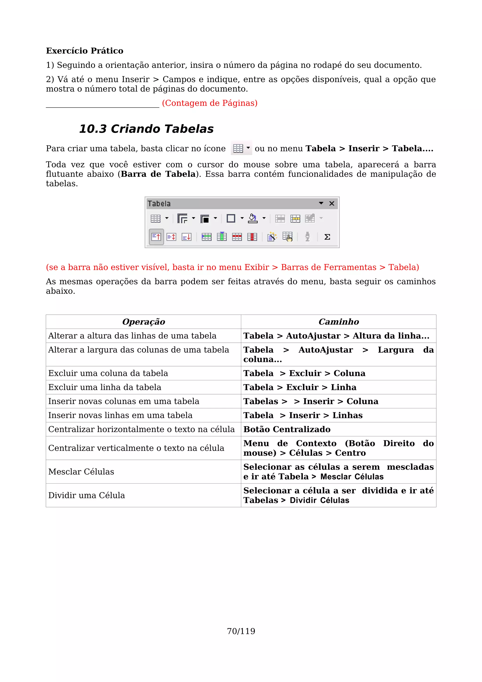Exercício Prático
1) Seguindo a orientação anterior, insira o número da página no rodapé do seu documento.
2) Vá até o menu Inserir > Campos e indique, entre as opções disponíveis, qual a opção que
mostra o número total de páginas do documento.
____________________________ (Contagem de Páginas)


        10.3 Criando Tabelas
Para criar uma tabela, basta clicar no ícone        ou no menu Tabela > Inserir > Tabela....
Toda vez que você estiver com o cursor do mouse sobre uma tabela, aparecerá a barra
flutuante abaixo (Barra de Tabela). Essa barra contém funcionalidades de manipulação de
tabelas.




(se a barra não estiver visível, basta ir no menu Exibir > Barras de Ferramentas > Tabela)
As mesmas operações da barra podem ser feitas através do menu, basta seguir os caminhos
abaixo.


                  Operação                                        Caminho
Alterar a altura das linhas de uma tabela         Tabela > AutoAjustar > Altura da linha...
Alterar a largura das colunas de uma tabela       Tabela >    AutoAjustar    >   Largura     da
                                                  coluna...
Excluir uma coluna da tabela                      Tabela > Excluir > Coluna
Excluir uma linha da tabela                       Tabela > Excluir > Linha
Inserir novas colunas em uma tabela               Tabelas > > Inserir > Coluna
Inserir novas linhas em uma tabela                Tabela > Inserir > Linhas
Centralizar horizontalmente o texto na célula     Botão Centralizado
                                                  Menu de Contexto (Botão Direito do
Centralizar verticalmente o texto na célula
                                                  mouse) > Células > Centro
                                                  Selecionar as células a serem mescladas
Mesclar Células
                                                  e ir até Tabela > Mesclar Células
                                                  Selecionar a célula a ser dividida e ir até
Dividir uma Célula
                                                  Tabelas > Dividir Células




                                               70/119
 