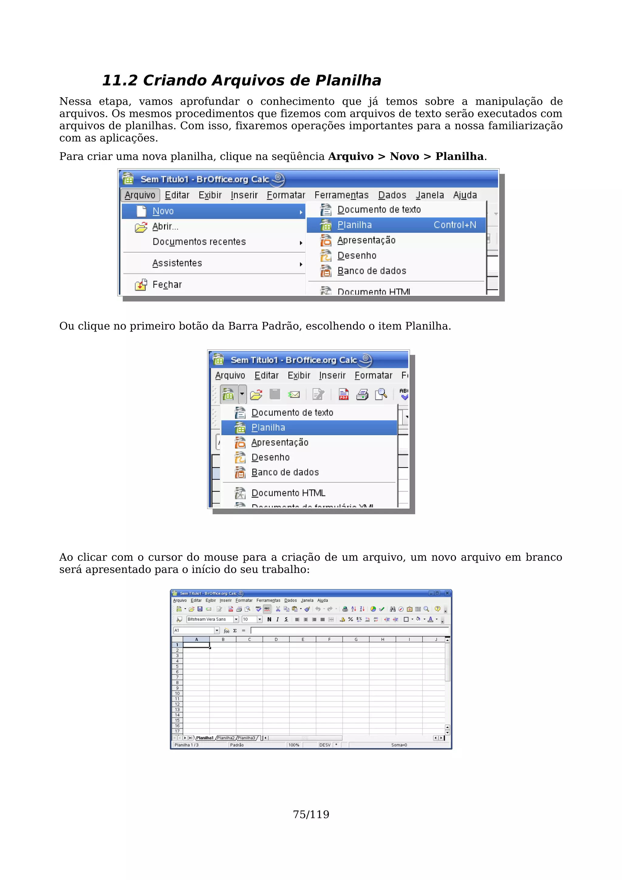 11.2 Criando Arquivos de Planilha
Nessa etapa, vamos aprofundar o conhecimento que já temos sobre a manipulação de
arquivos. Os mesmos procedimentos que fizemos com arquivos de texto serão executados com
arquivos de planilhas. Com isso, fixaremos operações importantes para a nossa familiarização
com as aplicações.
Para criar uma nova planilha, clique na seqüência Arquivo > Novo > Planilha.




Ou clique no primeiro botão da Barra Padrão, escolhendo o item Planilha.




Ao clicar com o cursor do mouse para a criação de um arquivo, um novo arquivo em branco
será apresentado para o início do seu trabalho:




                                          75/119
 