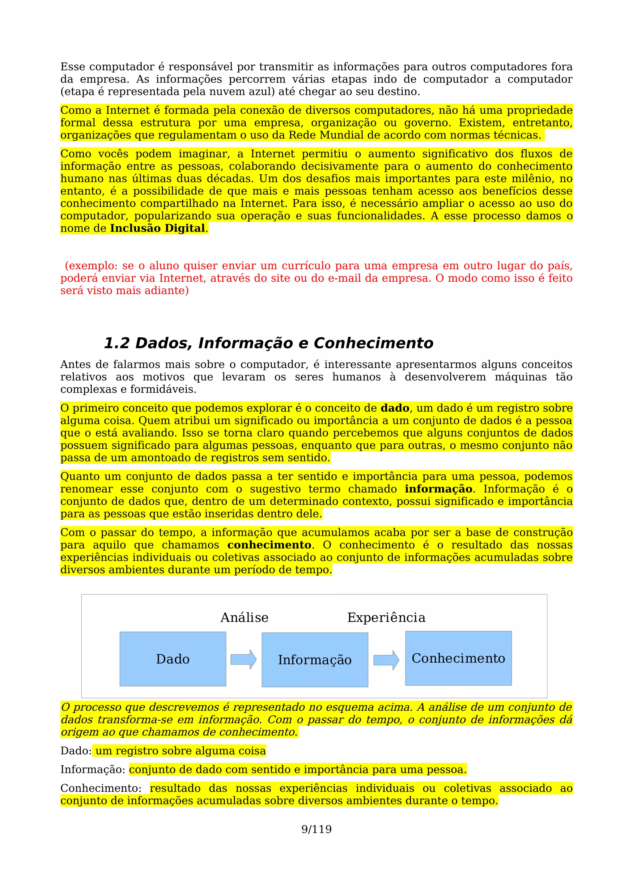 Esse computador é responsável por transmitir as informações para outros computadores fora
da empresa. As informações percorrem várias etapas indo de computador a computador
(etapa é representada pela nuvem azul) até chegar ao seu destino.
Como a Internet é formada pela conexão de diversos computadores, não há uma propriedade
formal dessa estrutura por uma empresa, organização ou governo. Existem, entretanto,
organizações que regulamentam o uso da Rede Mundial de acordo com normas técnicas.
Como vocês podem imaginar, a Internet permitiu o aumento significativo dos fluxos de
informação entre as pessoas, colaborando decisivamente para o aumento do conhecimento
humano nas últimas duas décadas. Um dos desafios mais importantes para este milênio, no
entanto, é a possibilidade de que mais e mais pessoas tenham acesso aos benefícios desse
conhecimento compartilhado na Internet. Para isso, é necessário ampliar o acesso ao uso do
computador, popularizando sua operação e suas funcionalidades. A esse processo damos o
nome de Inclusão Digital.


 (exemplo: se o aluno quiser enviar um currículo para uma empresa em outro lugar do país,
poderá enviar via Internet, através do site ou do e-mail da empresa. O modo como isso é feito
será visto mais adiante)




       1.2 Dados, Informação e Conhecimento
Antes de falarmos mais sobre o computador, é interessante apresentarmos alguns conceitos
relativos aos motivos que levaram os seres humanos à desenvolverem máquinas tão
complexas e formidáveis.
O primeiro conceito que podemos explorar é o conceito de dado, um dado é um registro sobre
alguma coisa. Quem atribui um significado ou importância a um conjunto de dados é a pessoa
que o está avaliando. Isso se torna claro quando percebemos que alguns conjuntos de dados
possuem significado para algumas pessoas, enquanto que para outras, o mesmo conjunto não
passa de um amontoado de registros sem sentido.
Quanto um conjunto de dados passa a ter sentido e importância para uma pessoa, podemos
renomear esse conjunto com o sugestivo termo chamado informação. Informação é o
conjunto de dados que, dentro de um determinado contexto, possui significado e importância
para as pessoas que estão inseridas dentro dele.
Com o passar do tempo, a informação que acumulamos acaba por ser a base de construção
para aquilo que chamamos conhecimento. O conhecimento é o resultado das nossas
experiências individuais ou coletivas associado ao conjunto de informações acumuladas sobre
diversos ambientes durante um período de tempo.



                             Análise                Experiência


                 Dado                  Informação              Conhecimento


O processo que descrevemos é representado no esquema acima. A análise de um conjunto de
dados transforma-se em informação. Com o passar do tempo, o conjunto de informações dá
origem ao que chamamos de conhecimento.
Dado: um registro sobre alguma coisa
Informação: conjunto de dado com sentido e importância para uma pessoa.
Conhecimento: resultado das nossas experiências individuais ou coletivas associado ao
conjunto de informações acumuladas sobre diversos ambientes durante o tempo.

                                           9/119
 