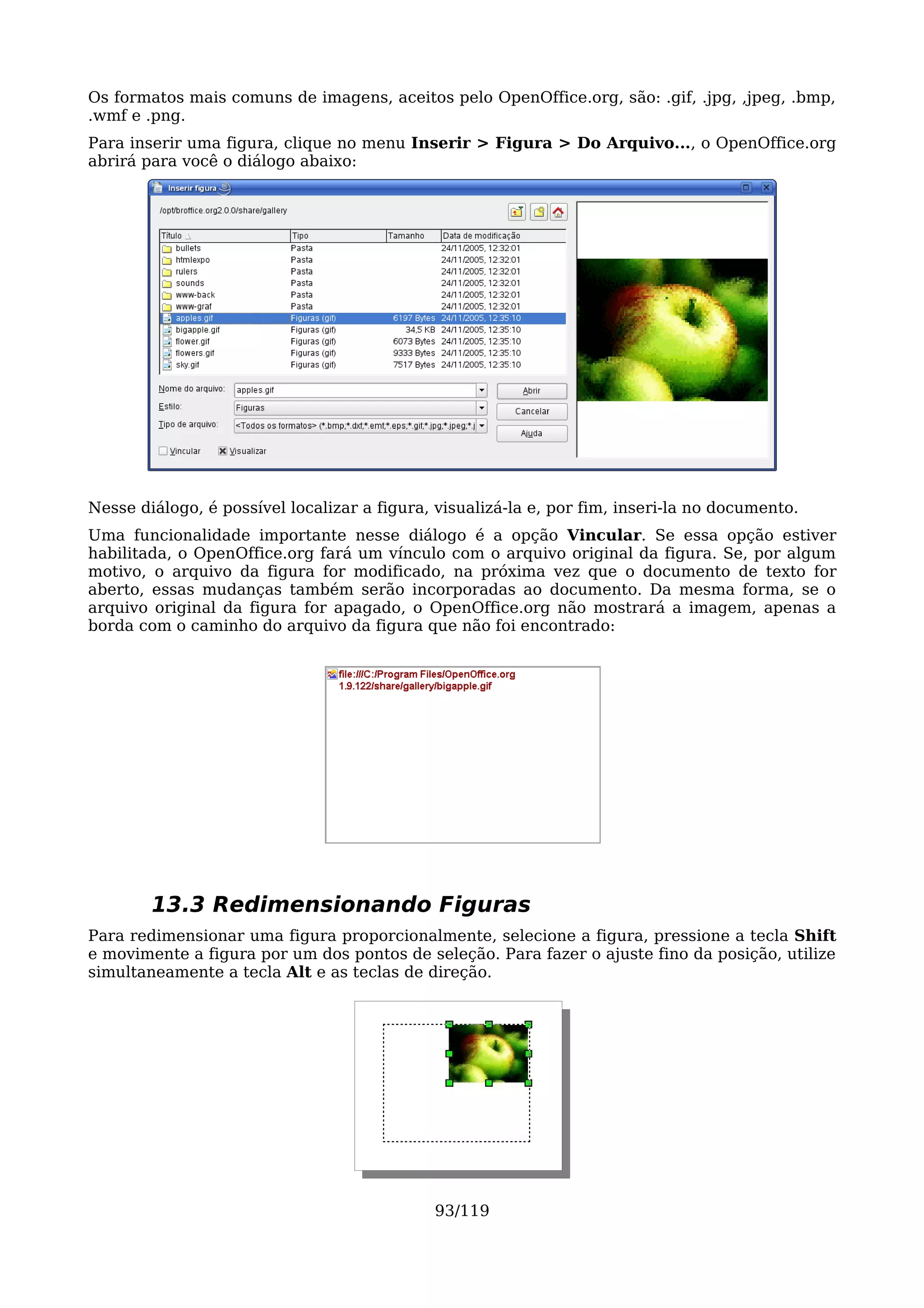 Os formatos mais comuns de imagens, aceitos pelo OpenOffice.org, são: .gif, .jpg, ,jpeg, .bmp,
.wmf e .png.
Para inserir uma figura, clique no menu Inserir > Figura > Do Arquivo..., o OpenOffice.org
abrirá para você o diálogo abaixo:




Nesse diálogo, é possível localizar a figura, visualizá-la e, por fim, inseri-la no documento.
Uma funcionalidade importante nesse diálogo é a opção Vincular. Se essa opção estiver
habilitada, o OpenOffice.org fará um vínculo com o arquivo original da figura. Se, por algum
motivo, o arquivo da figura for modificado, na próxima vez que o documento de texto for
aberto, essas mudanças também serão incorporadas ao documento. Da mesma forma, se o
arquivo original da figura for apagado, o OpenOffice.org não mostrará a imagem, apenas a
borda com o caminho do arquivo da figura que não foi encontrado:




        13.3 Redimensionando Figuras
Para redimensionar uma figura proporcionalmente, selecione a figura, pressione a tecla Shift
e movimente a figura por um dos pontos de seleção. Para fazer o ajuste fino da posição, utilize
simultaneamente a tecla Alt e as teclas de direção.




                                             93/119
 