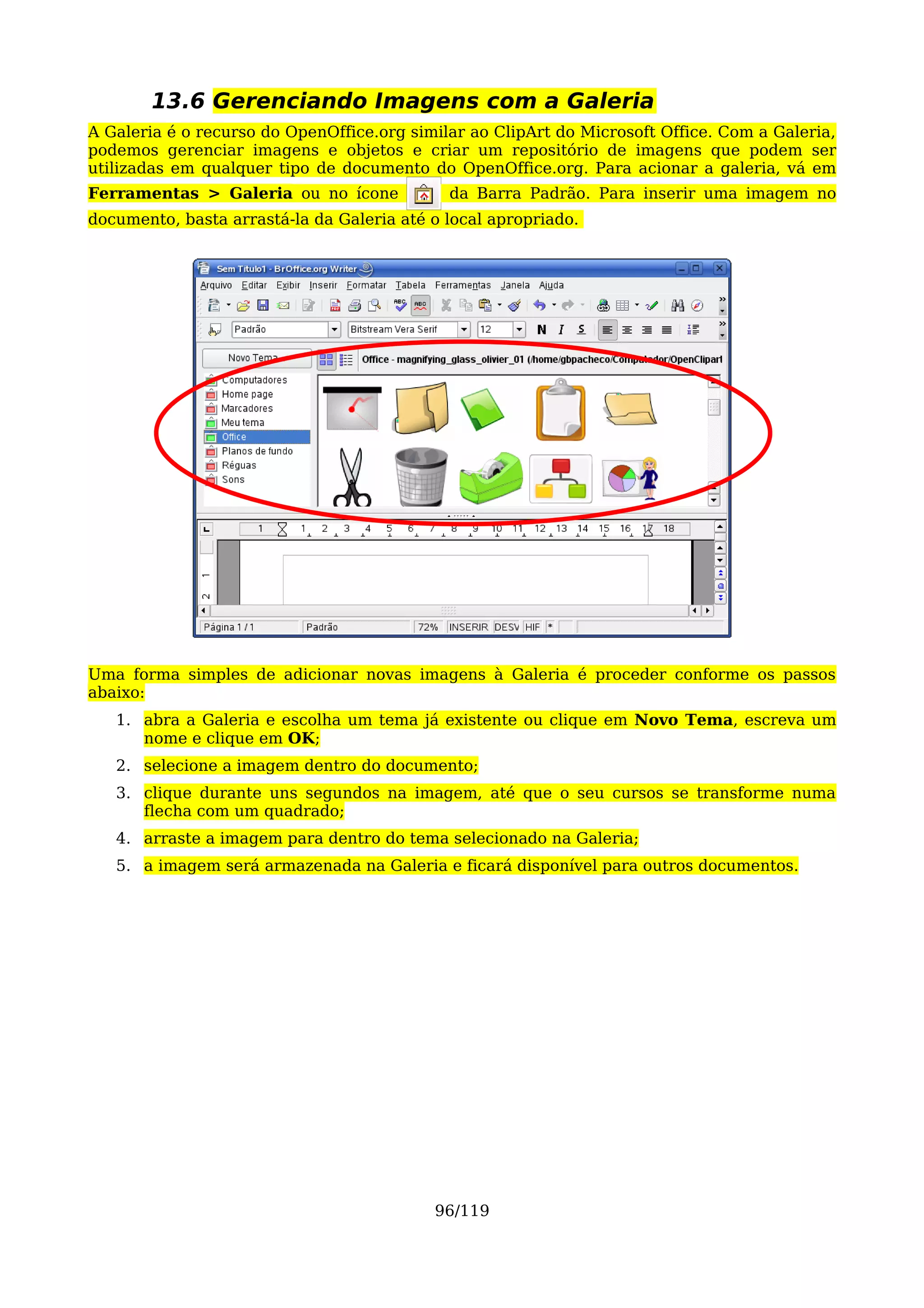13.6 Gerenciando Imagens com a Galeria
A Galeria é o recurso do OpenOffice.org similar ao ClipArt do Microsoft Office. Com a Galeria,
podemos gerenciar imagens e objetos e criar um repositório de imagens que podem ser
utilizadas em qualquer tipo de documento do OpenOffice.org. Para acionar a galeria, vá em
Ferramentas > Galeria ou no ícone            da Barra Padrão. Para inserir uma imagem no
documento, basta arrastá-la da Galeria até o local apropriado.




Uma forma simples de adicionar novas imagens à Galeria é proceder conforme os passos
abaixo:
   1. abra a Galeria e escolha um tema já existente ou clique em Novo Tema, escreva um
      nome e clique em OK;
   2. selecione a imagem dentro do documento;
   3. clique durante uns segundos na imagem, até que o seu cursos se transforme numa
      flecha com um quadrado;
   4. arraste a imagem para dentro do tema selecionado na Galeria;
   5. a imagem será armazenada na Galeria e ficará disponível para outros documentos.




                                           96/119
 