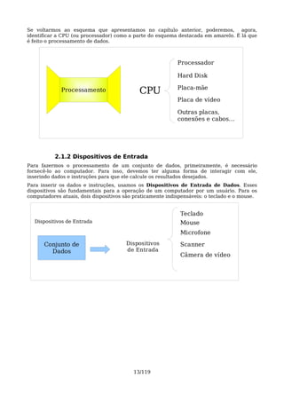 Se voltarmos ao esquema que apresentamos no capítulo anterior, poderemos, agora,
identificar a CPU (ou processador) como a parte do esquema destacada em amarelo. É lá que
é feito o processamento de dados.



                                                            Processador

                                                            Hard Disk

                                                            Placa-mãe
             Processamento                  CPU
                                                            Placa de vídeo

                                                            Outras placas,
                                                            conexões e cabos...




           2.1.2 Dispositivos de Entrada
Para fazermos o processamento de um conjunto de dados, primeiramente, é necessário
fornecê-lo ao computador. Para isso, devemos ter alguma forma de interagir com ele,
inserindo dados e instruções para que ele calcule os resultados desejados.
Para inserir os dados e instruções, usamos os Dispositivos de Entrada de Dados. Esses
dispositivos são fundamentais para a operação de um computador por um usuário. Para os
computadores atuais, dois dispositivos são praticamente indispensáveis: o teclado e o mouse.


                                                             Teclado
   Dispositivos de Entrada                                   Mouse
                                                             Microfone

      Conjunto de                      Dispositivos          Scanner
        Dados                          de Entrada
                                                             Câmera de vídeo




                                          13/119
 