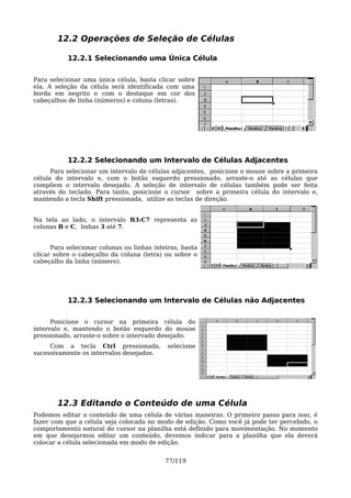 12.2 Operações de Seleção de Células

           12.2.1 Selecionando uma Única Célula

Para selecionar uma única célula, basta clicar sobre
ela. A seleção da célula será identificada com uma
borda em negrito e com o destaque em cor dos
cabeçalhos de linha (números) e coluna (letras).




           12.2.2 Selecionando um Intervalo de Células Adjacentes
      Para selecionar um intervalo de células adjacentes, posicione o mouse sobre a primeira
célula do intervalo e, com o botão esquerdo pressionado, arraste-o até as células que
compõem o intervalo desejado. A seleção de intervalo de células também pode ser feita
através do teclado. Para tanto, posicione o cursor sobre a primeira célula do intervalo e,
mantendo a tecla Shift pressionada, utilize as teclas de direção.


Na tela ao lado, o intervalo B3:C7 representa as
colunas B e C, linhas 3 até 7.


      Para selecionar colunas ou linhas inteiras, basta
clicar sobre o cabeçalho da coluna (letra) ou sobre o
cabeçalho da linha (número).




           12.2.3 Selecionando um Intervalo de Células não Adjacentes

      Posicione o cursor na primeira célula do
intervalo e, mantendo o botão esquerdo do mouse
pressionado, arraste-o sobre o intervado desejado.
     Com a tecla Ctrl pressionada,           selecione
sucessivamente os intervalos desejados.




        12.3 Editando o Conteúdo de uma Célula
Podemos editar o conteúdo de uma célula de várias maneiras. O primeiro passo para isso, é
fazer com que a célula seja colocada no modo de edição. Como você já pode ter percebido, o
comportamento natural do cursor na planilha está definido para movimentação. No momento
em que desejarmos editar um conteúdo, devemos indicar para a planilha que ela deverá
colocar a célula selecionada em modo de edição.


                                            77/119
 