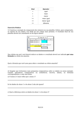 Sinal            Operador
                                   =                   igual
                                   >                   maior
                                   <                   menor
                                  >=              maior igual
                                  <=             menor igual
                                  <>                diferente


Exercício Prático
1) Construa o exemplo da comparação dos números na sua planilha. Utilize, para comparação,
os valores da sua idade e da idade do seu colega mais próximo. O resultado final da sua
planilha deverá ser semelhante ao da figura abaixo:




Nas células em azul, você deverá indicar as idades e o resultado deverá ser indicado por uma
fórmula na célula em amarelo.




Qual a fórmula que você usou para obter o resultado na célula amarela?




2) Imagine que tivéssemos mais perguntas comparativas sobre as idades no nosso exemplo.
Usando operadores comparativos ou aritméticos, escreva, abaixo, as fórmulas
correspondentes a cada uma delas:
a) O aluno 2 é mais velho que o aluno 1?




b) As idades do aluno 1 e do aluno 2 não são iguais?




c) Qual a diferença entre as idades do aluno 1 e do aluno 2?




                                           82/119
 