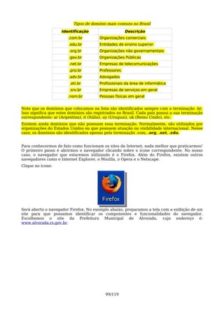Tipos de domínio mais comuns no Brasil
                    Identificação                     Descrição
                        .com.br         Organizações comerciais
                        .edu.br         Entidades de ensino superior
                        .org.br         Organizações não governamentais
                        .gov.br         Organizações Públicas
                        .net.br         Empresas de telecomunicações
                        .pro.br         Professores
                        .adv.br         Advogados
                         .eti.br        Profissionais da área de informática
                        .srv.br         Empresas de serviços em geral
                        .nom.br         Pessoas físicas em geral


Note que os domínios que colocamos na lista são identificados sempre com a terminação .br.
Isso significa que estes domínios são registrados no Brasil. Cada país possui a sua terminação
correspondente: ar (Argentina), it (Itália), uy (Uruguai), uk (Reino Unido), etc.
Existem ainda domínios que não possuem essa terminação. Normalmente, são utilizados por
organizações do Estados Unidos ou que possuem atuação ou visibilidade internacional. Nesse
caso, os domínios são identificados apenas pela terminação .com, .org, .net, .edu.


Para conhecermos de fato como funcionam os sites da Internet, nada melhor que praticarmos!
O primeiro passo é abrirmos o navegador clicando sobre o ícone correspondente. No nosso
caso, o navegador que estaremos utilizando é o Firefox. Além do Firefox, existem outros
navegadores como o Internet Explorer, o Mozilla, o Opera e o Netscape.
Clique no ícone:




Será aberto o navegador Firefox. No exemplo abaixo, preparamos a tela com a exibição de um
site para que possamos identificar os componentes e funcionalidades do navegador.
Escolhemos o site da Prefeitura Municipal de Alvorada, cujo endereço é:
www.alvorada.rs.gov.br.




                                           99/119
 