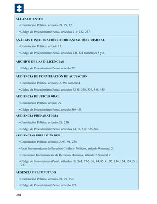ALLANAMIENTOS
• Constitución Política, artículos 28, 29, 32.
• Código de Procedimiento Penal, artículos 219- 232, 237.
ANÁLISIS E INFILTRACIÓN DE ORGANIZACIÓN CRIMINAL
• Constitución Política, artículo 15.
• Código de Procedimiento Penal, artículos 241, 324 numerales 5 y 6.
ARCHIVO DE LAS DILIGENCIAS
• Código de Procedimiento Penal, artículo 79.
AUDIENCIA DE FORMULACIÓN DE ACUSACIÓN
• Constitución Política, artículos 2, 250 numeral 4.
• Código de Procedimiento Penal, artículos 42-65, 338, 339, 346, 455.
AUDIENCIA DE JUICIO ORAL
• Constitución Política, artículo 29.
• Código de Procedimiento Penal, artículo 366-453.
AUDIENCIA PREPARATORIA
• Constitución Política, artículos 29, 250.
• Código de Procedimiento Penal, artículos 74, 76, 339, 355-362.
AUDIENCIAS PRELIMINARES
• Constitución Política, artículos 2, 93, 94, 250.
• Pacto Interamericano de Derechos Civiles y Políticos, artículo 9 numeral 2.
• Convención Interamericana de Derechos Humanos, articulo 7 Numeral 2.
• Código de Procedimiento Penal, artículos 10, 36-1, 37-5, 39, 84, 85, 91, 92, 134, 154, 158, 291,
237.
AUSENCIA DEL IMPUTADO
• Constitución Política, artículos 28, 29, 250.
• Código de Procedimiento Penal, artículo 127.
208

 
