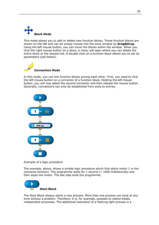 38




        Block Mode

This mode allows you to add or delete new function blocks. Those function blocks are
shown on the left and can be simply moved into the work window by Drag&Drop.
Using the left mouse button, you can move the blocks within the window. When you
click the right mouse button on a block, a menu will open where you can delete the
entire block or the closest link. A double-click on a function block allows you to set its
parameters (see below).




        Connection Mode

In this mode, you can link function blocks among each other. First, you need to click
the left mouse button on a connector of a function block. Holding the left mouse
button, you will now select the second connector and then release the mouse button.
Generally, connections can only be established from exits to entries.




Example of a logic procedure

The example, above, shows a simple logic procedure which first starts motor 1 in the
clockwise direction. The programme waits for 1 second (= 1000 milliseconds) and
then stops the motor. The last step ends the programme.




            Start Block

The Start Block always starts a new process. More than one process can exist at any
time without a problem. Therefore, it is, for example, possible to realize totally
independent processes. The additional realization of a flashing light process is a
 