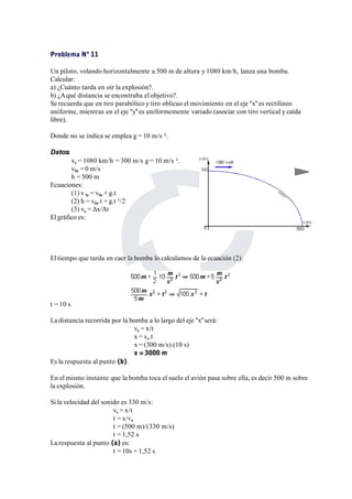 Problema Nº 11 
Un piloto, volando horizontalmente a 500 m de altura y 1080 km/h, lanza una bomba. 
Calcular: 
a) ¿Cuánto tarda en oír la explosión?. 
b) ¿Aqué distancia se encontraba el objetivo?. 
Se recuerda que en tiro parabólico y tiro oblicuo el movimiento en el eje "x"es rectilíneo 
uniforme, mientras en el eje "y"es uniformemente variado (asociar con tiro vertical y caída 
libre). 
Donde no se indica se emplea g = 10 m/s ². 
Datos: 
vx = 1080 km/h = 300 m/s g = 10 m/s ². 
v0y = 0 m/s 
h = 500 m 
Ecuaciones: 
(1) v fy = v0y + g.t 
(2) h = v0y.t + g.t ²/2 
(3) vx = Δx/Δt 
El gráfico es: 
El tiempo que tarda en caer la bomba lo calculamos de la ecuación (2): 
t = 10 s 
La distancia recorrida por la bomba a lo largo del eje "x"será: 
vx = x/t 
x = vx.t 
x = (300 m/s).(10 s) 
x = 3000 m 
Es la respuesta al punto (b). 
En el mismo instante que la bomba toca el suelo el avión pasa sobre ella, es decir 500 m sobre 
la explosión. 
Si la velocidad del sonido es 330 m/s: 
vx = x/t 
t = x/vx 
t = (500 m)/(330 m/s) 
t = 1,52 s 
La respuesta al punto (a) es: 
t = 10s + 1,52 s 
 