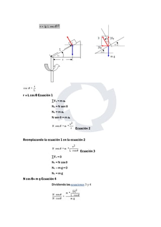 r = L cos θ Ecuación 1 
Σ FX =maX 
NX =N sen θ 
NX =maX 
N sen θ = m aX 
Ecuación 2 
Reemplazando la ecuación 1 en la ecuación 2 
Ecuación 3 
Σ FY = 0 
NY = N cos θ 
NY –mg = 0 
NY =mg 
N cos θ=m g Ecuación 4 
Dividiendo las ecuaciones 3 y 4 
 