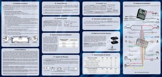 4. Botão Mestre e Programação
O alarme Fittipaldi possui um botão MESTRE que deve ser instalado no veículo em
local secreto e de fácil acesso (pergunte ao seu instalador).
O botão MESTRE, em conjunto com a chave de ignição, pode ser utilizado para
habilitar/desabilitar o alarme e para programar várias funções permitindo a personalização do produto de acordo
com os recursos disponíveis e com as suas preferências de uso.
Para selecionar a função desejada, ligue a ignição e pressione o botão MESTRE até ouvir o número de
“beeps” correspondentes (veja quadro). Após soltar o botão, a sirene emitirá um “beep” ao ativar, ou dois
“beeps” ao desativar a função escolhida.
Veja como controlar as principais funções do seu alarme Fittipaldi, ao acionar os botões do seu controle
remoto como mostra o quadro abaixo.
* Requer configuração especial e/ou módulos opcionais.
** Pressione durante um sinal sonoro para iniciar o próximo (se existir).
“Este equipamento opera em caráter secundário, isto é, não tem direito à proteção contra interferência
prejudicial, mesmo de estações do mesmo tipo, e não pode causar interferência a sistemas operando em
caráter primário”.
2. Controle Remoto
Os controles remotos FT38* e FT39** são
compatíveis com todos os alarmes linha
FITTIPALDI. Cada controle remoto emite um
sinal digital codificado diferente para cada
acionamento. Isso dificulta que o seu controle
remoto seja “clonado”, oferecendo o máximo em
segurança com todo o conforto.
*Rolling Code
**Tecnologia Pósitron FLEX CODE®
3. Controle por Presença
O controle remoto FT39 é utilizado para comandar a função
CONTROLE POR PRESENÇA. Se o módulo do alarme estiver com a
função CONTROLE POR PRESENÇA habilitada (veja item 4), o controle
remoto FT39 poderá comandar essa função. Esse controle remoto também
precisa estar GRAVADO (veja item 15) para ser reconhecido pelo módulo
do alarme. Ao ser ativado, esse controle remoto emite um sinal codificado
periódico que é reconhecido pelo alarme.
A função CONTROLE POR PRESENÇA permite ao usuário ativar o
MODO ASSALTO do alarme simplesmente afastando o controle remoto
do veículo.
ATENÇÃO! Para utilizar corretamente esse recurso, mantenha o controle
remoto oculto, junto com o usuário (não junto às chaves do veículo), para
que, ao se afastar do veículo, essa função seja automaticamente ativada.
Para programar o controle remoto FT39 e a função CONTROLE POR PRESENÇA, fique próximo
do veículo, pressione e segure o botão DESLIGA no controle remoto por mais de 3s, e observe o número
de piscadas no LED. Solte o botão quando chegar no número desejado, conforme indicado no quadro a
seguir.
IMPORTANTE! Caso não queira a função CONTROLE POR PRESENÇA habilitada desative a função
no alarme e no controle remoto FT39, evitando disparos, bloqueios não intencionais e desperdício da bateria
do controle remoto em questão, veja tabela a seguir.
1. Introdução
Parabéns! O Alarme Fittipaldi foi projetado para acrescentar ao seu veículo inovação, qualidade e
tecnologia, oferecendo segurança*, conforto e estilo.
O alarme que você adquiriu é um sofisticado sistema eletrônico microprocessado. Para aprender a
utilizar todos os recursos, leia atentamente este manual e, em caso de dúvidas, entre em contato com a
concessionária ou loja onde foi realizada a instalação ou ligue para o SAC (Serviço de Atendimento ao
Cliente) 0800 775 1400.
IMPORTANTE! Algumas funções ou recursos podem não se aplicar ao seu veículo ou alarme. Para maiores
detalhes, leia atentamente este manual.
ATENÇÃO! Este equipamento visa apenas dificultar o furto e/ou roubo do veículo, não necessariamente
impedindo-o. A vida é o bem mais precioso que existe. Sempre dê preferência por sua segurança.
* Sempre que utilizada a palavra “Segurança” neste documento, entende-se que a instalação de
equipamentos da linha Pósitron representa um acessório complementar, não representando nenhuma
garantia contra o furto do bem ou o ressarcimento do mesmo, não substituindo ou eliminando a
necessidade de o proprietário adquirir uma apólice de seguros para o bem a ser protegido.
5. Relatório por LED
Após pressionar o botão LIGA e ativar o
alarme, o LED no veículo indicará durante 20
segundos a causa do último disparo conforme
indicado no quadro ao lado:
LIGA e DESLIGA
simultaneamente
AUXILIAR e,
em seguida, LIGA
AUXILIAR e, em
seguida, DESLIGA
AUXILIAR com
alarme ativado
Segure LIGA
por 2s
Segure DESLIGA
por 2s
LIGA e, em seguida,
AUXILIAR por 2s
Sinal sonoro
Ativa o alarme sem
sinal sonoro
Desativa o alarme
sem sinal sonoro
Auxílio de
Localização
Disparo de
Advertência
Auxiliar 2
Ativa o alarme e
desabilita o sensor
de ultra-som
Emite sinal sonoro musical programado na
memória **.
Setas piscam uma vez. As portas são travadas*.
Setas piscam duas vezes e as portas são
destravadas*.
Com o alarme ativado, as setas piscam por 15s.
Dispara o alarme.
Aciona a saída Auxiliar 2* que pode ser usada
para acender os faróis por 30s.
Ativa o alarme e ao desabilitar o ultra-som, o
alarme emite dois “beeps”.
LIGA
DESLIGA
AUXILIAR
Ativa o alarme
Desativa o alarme
Auxiliar 1
Setas piscam uma vez. A sirene emite sinal de
ativação e as portas são travadas*.
Setas piscam duas vezes. A sirene emite sinal
de desativação e as portas são destravadas*
Com a ignição e o alarme desligados, permite
acionar a saída Auxiliar 1*.
FUNÇÃO RESPOSTA DO ALARME
Segure DESLIGA
por 3 s.
Configura o controle
por presença
Configura o FT39 com relação ao controle
por presença, veja item 3.
BOTÕES
Uma Piscada Interruptor de capô ou porta-malas
Duas Piscadas Sensor de Ultrassom
Três Piscadas Interruptor de porta
Quatro Piscadas Acionamento da ignição
LED CAUSA DO ÚLTIMO DISPARO
Cinco Piscadas Modo Assalto
Uma vez ativada a função CONTROLE POR PRESENÇA no módulo alarme (item 4), sempre será
necessário que o controle FT39 esteja junto com o usuário. Para testar a função CONTROLE POR
PRESENÇA ou alcance do alarme, fique próximo ao veículo, pressione e segure o botão DESLIGA no
controle remoto por mais de 6 segundos e observe o número de piscadas no LED do FT39. Solte o botão
quando chegar ao número de piscadas desejado, conforme indicado no quadro a seguir.
*Tecnologia Pósitron FLEX CODE®
Licenciador Fittipaldi
Produzido por PST Eletrônica S.A.
Av. Açaí, 2045 - Distrito Industrial, Cep 69075-020, Manaus /AM
C.N.P.J. 84.496.066/0001-04 • Indústria Brasileira • www.pst.com.br
150852000
** são
linha
te um
cada
ntrole
mo em
a função
ver com a
o controle
to também
lo módulo
codificado
rio ativar o
ole remoto
FT39
6. Funções do Alarme
* Depende da configuração do veículo e/ou módulos opcionais.
FUNÇÕES
(algumas funções são programáveis, veja item 4)
Emite AVISO SONORO PERSONALIZADO.
PISCA AS SETAS.
Permite monitorar PORTA, CAPÔ, IGNIÇÃO e o interior do veículo com
SENSOR DE ULTRASSOM.*
Permite FECHAR OS VIDROS*.
Possui saída AUXILIAR 1 (permite abrir vidros, porta-malas, etc).*
Possui saída AUXILIAR 2 (permite acender faróis, etc).*
REATIVAÇÃO AUTOMÁTICA: Ao desligar o alarme, se nenhuma porta for aberta, o
alarme reativa-se automaticamente.
CONTROLE DE SOM*: Liga e desliga o equipamento de som do veículo.
AVISO DE LANTERNA LIGADA: Emite sinal sonoro ao desligar a ignição e abrir a porta
com a lanterna ligada.
GRAVAÇÃO de até 4 controles remotos.
GRAVAÇÃO de sinais sonoros personalizados.*
MODO ASSALTO: Em caso de assalto, permite ativar o alarme com a ignição ligada.
Nesse modo, o alarme não emite aviso sonoro, permitindo que o veículo se afaste.
A seguir, as setas piscam e a sirene toca para avisar que o bloqueio progressivo do motor
de partida será ativado.
Inclui um controle remoto FT38 e um FT39.
TRAVA AUTOMÁTICA*: 5s após ligar a ignição, se nenhuma porta for aberta, trava as
portas, e, ao desligar a ignição, destrava as portas.
CONTROLE POR PRESENÇA: veja item 3.
7. Certificado de Garantia
O Alarme Fittipaldi possui garantia de três (03) anos contra eventuais defeitos de fabricação ou nos componentes do produto,
excluídas pilhas ou baterias. As partes plásticas não possuem garantias se danificadas pelo uso. O conserto ou a substituição de um
dos aparelhos com defeito não prorroga o prazo de garantia. A garantia perde a validade quando o aparelho for violado por pessoas
não autorizadas, quando este certificado de garantia ou o número de série do produto forem rasurados, quando ocorrer mau-trato,
manuseio incorreto, danos causados devido à instalação incorreta, uso fora das especificações ou infiltração de água, pó, produtos de
limpeza, etc. Dentro do período de garantia, em caso de defeito, a responsabilidade da PST fica restrita ao conserto ou substituição
do aparelho de sua fabricação. Nesse caso, procure um revendedor apresentando a nota fiscal de compra e o quadro abaixo devidamente
preenchido. O transporte e a embalagem do produto ficam por conta e risco do comprador. A garantia da instalação deve ser acordada
entre a empresa instaladora e o comprador final. A PST não se responsabiliza em nenhuma hipótese pela ocorrência de furto ou
invasão da propriedade, pois o alarme visa apenas dificultar o furto. Em caso de dúvidas ou se necessitar algum reparo no seu produto
em garantia, entre em contato com o SAC 0800-775-1400 e informe-se sobre o revendedor ou Posto de Serviço Autorizado mais
próximo.
Produto: Alarme Fittipaldi Data de Venda: .
No
de série: .
Comprador (nome): .
Endereço: .
Cidade: UF: .
Nome da loja: .
Veículo (modelo e marca): .
No
da nota fiscal: .
Carimbo e assinatura
do vendedor:
Tecnologia
Flex Code®
Acabamento: Refile e dobras
Cor: 4x4
580x275mm
Nº Pág: 1/2
Produto: Novo Manual Alarme Fittipaldi
Material/gramatura: Couche Brilho 120g
INÍCIO
30/03/10
TÉRMINO
29/07/10
DESCRIÇÃO
Emissão original
APROVAÇÃO
DMKT
Part number
150852000
Dim.:
0227_Mnl_150852000_R00 DATA: 30/03/10www.moaidesign.com.br
Acabamento: Refile e dobras
Cor: 4x4
580x275mm
Nº Pág: 2/2
Produto: Novo Manual Alarme Fittipaldi
Material/gramatura: Couche Brilho 120g
INÍCIO
30/03/10
TÉRMINO
29/10/10
DESCRIÇÃO
Emissão original
APROVAÇÃO
DMKT
Part number
150852000
Dim.:
0227_Mnl_150852000_R00 DATA: 30/03/10www.moaidesign.com.br
Farol
Ligação de Relê Externo
+ 12 V
+ 12 V
Saída do alarme
(AUXILIAR 2)
14. Auxiliar 1 e 2
As saídas AUXILIAR 1 (fio-CZ) e AUXILIAR 2
(fio-CZ/PR) podem ser conectadas diretamente aos módulos
opcionais (consulte seu instalador) como o SW422/222 ou a
TR111. Essas saídas, quando acionadas, produzem um sinal
negativo (tipo massa) de no máximo 200 mA. Caso seja necessário
controlar correntes maiores, utilize um relê conforme mostra a
figura ao lado.
A saída AUXILIAR 1 permanece ativa enquanto o botão AUXILIAR do controle remoto
permanecer pressionado. A saída AUXILIAR 2 permanece ativa por 30s a cada acionamento (veja
item 2), o que a faz ideal para controlar os faróis do veículo.
15. Gravando controles remotos
Acione a ignição e o botão mestre para selecionar o modo de GRAVAÇÃO do alarme (veja
item 4). O alarme acende as setas do veículo temporariamente, sinalizando que está pronto para
receber o sinal a ser gravado conforme abaixo:
- Pressione simultaneamente os botões LIGA e DESLIGA do controle remoto.
16. Bateria do Controle Remoto
Pode ocorrer redução no alcance dos controles remotos
devido ao desgaste normal das baterias. Para trocá-las, abra o
controle remoto desencaixando as tampas com cuidado. Retire
a bateria. Encaixe a bateria nova no controle remoto, tomando
cuidado para não inverter a polaridade. Encaixe as tampas e
pressione-as até o travamento. Utilize baterias 2032 (3V)
Panasonic, Sony, Duracell ou equivalentes.
IMPORTANTE! Se a função CONTROLE POR
PRESENÇA estiver habilitada, deve-se trocar a bateria a cada
2 anos, ou antes, caso o alarme comece avisar que a bateria do
controle remoto está fraca, emitindo um "beep" longo sempre
que a ignição for ligada.
AS BATERIAS INDICADAS, APÓS
O USO PODEM SER DISPOSTAS NO
LIXO DOMÉSTICO.
10. Travas Elétricas
O alarme possui saídas com pulso negativo de baixa capacidade de corrente, dedicadas para
instalação em conjunto com Travas Elétricas (consulte seu instalador) ou diretamente nas entradas de
comando das centralinas originais. Em alguns casos, é necessário o uso de centralina (TR110 ou
TR111 vendidas separadamente) como descrito abaixo:
• TR111: em sistemas de travas que necessitam de pulso negativo ou positivo para acionamento
direto no motor ou no botão de comando, geralmente localizado no descansa-braço.
• TR110: em sistemas de travas que necessitam de reversão de corrente, geralmente quando é
necessário instalar um novo motor na porta do motorista.
11. Controle de Som
O Alarme Fittipaldi permite ligar e desligar o
equipamento de som do veículo utilizando o
CONTROLE DE SOM (fio RX). Essa saída fornece
no máximo 200mA e pode ser ligada ao fio de
comando do equipamento de som (se houver). Caso
seja necessário controlar a alimentação do sistema de
som, utilize um relê conforme mostra a figura ao
lado.
Equipamento de som
Ligação de Relê
TERRA
+ 12 V
Saída do alarme (fio-RX)
9. Vidros Elétricos
EmcarrosequipadoscomVidrosElétricosépossívelautomatizaraaberturaoufechamentodosvidros
através do alarme.Verifique a necessidade da aplicação de módulos opcionais, cuja aplicação depende das
características do sistema instalado no veículo.As saídas do alarme são compatíveis com os Kits deVidros
Elétricos Automatizados, módulos Pósitron e também com alguns módulos originais. É possível
automatizar os vidros elétricos originais de veículos das marcas FIAT ou VW, sem a necessidade de
módulos adicionais, bastando ligar um único fio na central eletrônica original do veículo. O alarme já vem
habilitadodefábricaparaacionarosvidroselétricosFIAT.AoinstalaroalarmeemveículosVWcomvidro
original de fábrica , mude a configuração do pulso através da configuração do Botão Mestre no 11º beep.
FECHAMENTOAUTOMÁTICO:Gol/Voyage-Geração5(apenascomtravaevidrosoriginaisdefábrica
e sem alarme), ligue o fioVD/PR ao Pino 5 do conector de 23 vias do módulo de vidros original, localizado
ao lado da coluna de direção. Esta conexão também realiza o comando da trava elétrica do veículo.
FECHAMENTO AUTOMÁTICO: Família Palio / Idea / Punto / Linea (apenas veículos com vidros
originais de fábrica com subida e descida automatizada), ligue o fioVD/PR ao Pino 8 do módulo de vidros
original, localizado atrás do porta luvas nos veículos da família Palio e no Idea, Punto e Linea, ao lado da
caixa de fusíveis.
FECHAMENTO AUTOMÁTICO MÓDULO UNIVERSAL: Os alarmes Pósitron possuem uma
saída dedicada (fio VD/PR) para o fechamento dos vidros elétricos com pulso negatico de 15s (item 18).
Não use o sinal TRAVA do alarme para fechamento dos vidros.
ABERTURA POR CONTROLE REMOTO MÓDULO UNIVERSAL: A instalação é semelhante à
do FechamentoAutomático (veja acima), substituindo o comando de subida pelo de descida, e o sinal para
fazer esta operação passa a ser, por exemplo, o da Saída Auxiliar 1 (fio-CZ).
ATENÇÃO! Somenteinstalarquandoacentraldecomandodovidropossuirantiesmagamentoconforme
o Anexo XI, Portaria 26 do Conselho Nacional de Trânsito (CONTRAN)
13. Ligação do Bloqueio
O bloqueio do automático do motor de partida deve ser utilizado em veículos com injeção
eletrônica, catalisador e/ou ignição eletrônica moderna. Esse bloqueio permite a operação do alarme
com o MODO ASSALTO habilitado (veja item 4).
O relê interno e o conector de bloqueio (fios-PR) foram dimensionados para suportar uma
corrente máxima de 20A, permitindo o bloqueio do automático do motor de partida (veja Figura 2).
Além disso, para aumentar a confiabilidade do sistema recomendamos a utilização dos conectores
Faston fornecidos com o produto.
Figura 2. Ligação do bloqueio para veículos leves.
Conector de bloqueio fio-PRMotor de partidaTambor de chave
PR
PR
8. Instalação do Alarme
IMPORTANTE: As instruções de instalação desse manual são de caráter ilustrativo. Tanto o
produto Fittipaldi quanto os veículos atuais possuem um alto grau de sofisticação, o que requer que
a instalação seja feita por instaladores qualificados e experientes. Não tente instalar o produto sem a
supervisão de um especialista.
Em caso de dúvidas, entre em contato com o nosso Serviço de Atendimento ao Cliente (SAC)
pelo telefone: 0800-775-1400.
RECOMENDAÇÕES AOS INSTALADORES:
• Utilize um multímetro para medir os sinais no veículo.
• Utilizar somente a sirene SI500 (não utilizar buzina ou sirene 12V).
• O interruptor da entrada porta (P-) precisa ser ligado ao alarme para se obter o correto
funcionamento do produto.
SEQÜÊNCIA DE INSTALAÇÃO:
1. Desligue o pólo negativo da bateria do veículo.
2. Defina um local para o módulo eletrônico de forma que ele possa ficar protegido de calor e água.
Ele deve ficar oculto dificultando o acesso de pessoas não autorizadas. Não fixe o módulo ainda.
3. Cole a fita dupla-face (fornecida) no módulo do alarme e no botão Mestre. Limpe bem a região
onde o módulo e o botão Mestre serão fixados para garantir boa aderência.
4. Limpe as regiões do pára-brisa onde serão fixados os sensores de ultra-som. Veja Figura 1.
Destaque as respectivas fitas dupla-face da cartela e fixe-as no pára-brisa evitando a formação
de bolhas. Passe os respectivos cabos e conecte os sensores. Retire as proteções das fitas adesivas
e fixe os sensores sobre cada dupla-face.
5. Fixe a sirene SI500, ligue os interruptores e passe seus fios para dentro do veículo, próximo à
caixa de fusível.
6. Fixe os sensores de ultrassom, veja Figura 1, e ajuste a sensibilidade conforme descrito no
item 12.
7. Conecte as saídas para travas elétricas conforme descrito no item 10.
8. Ligue o controle de som (fio-RX), conforme descrito no item 11.
9. Conecte todos os outros fios (sinais e potências) de acordo com o diagrama de instalação,
item 18;
10. Refaça a ligação do pólo negativo da bateria.
11. Confirme todos os sinais de entradas e saídas do chicote, utilizando um multímetro, antes de
conectar o alarme para testar seu funcionamento.
Figura 1. Posição do sensor de ultrassom no pára-brisa.
18. Diagrama de Instalação
Atenção! Dependendo do modelo de alarme, alguns dos fios mostrados no diagrama abaixo não são
fornecidos ou não estão alojados no conector.
Figura 3. Diagrama geral de instalação.
Botão Mestre
20 A
1
12
SI500
AUXILIAR 1
Levantador de vidro
Opcional
PR
PR
PR
VD
MR
PR/AM VM/PR
VD/PR
CZ
VM
Capô e
porta-malas
Porta positiva
RX
Controle de som, item 11 PAN
LJ/PR
Ignição
AZ
Saída sinal
trava
VM/AM
SE292RX
VM
BR
CZ/PR
AM
PR
13
24
Monitoramento de lanterna
AUXILIAR 2
Porta negativa
Saída sinal
destrava
PR/VD Seta Direita
PR Bloqueio
PR Bloqueio
PR/VD Seta Esquerda
PR Terra
VM Vbat + 12 V
SE292TX
12. Ajuste do Sensor de Ultrassom
Acione a ignição e o botão Mestre
para selecionar o modo de AJUSTE do
sensor de ultrassom (item 4). Ao soltar o
botão Mestre o alarme indicará o ajuste
da sensibilidade do sistema de ultrassom
de acordo com a tabela ao lado. Para
selecionar outra sensibilidade desligue e
ligue a ignição e repita a operação.
Atenção! Para confirmar o ajuste após o
término da instalação, basta abrir o capô
com o alarme desligado, que o LED
interno sinalizará o disparo do sensor
com brilho total. Entre no veículo e feche
as portas e os vidros. Faça movimentos
lentos com o braço para testar o
funcionamento do sensor de ultrassom.
TAMANHO INTERNO
DO VEÍCULO
PICK-UP
PEQUENO
MÉDIO
GRANDE
CONFIGURAÇÃO
1 “beep”
2 “beeps”
3 “beeps”
4 “beeps”
+/-10 cm
Livre de
obstáculos
+/-10 cm
Livre de
obstáculos
SE292RX
cápsula lado esquerdo
SE292TX
cápsula lado direito
17. Especificações do Alarme
As informações contidas nesse manual estão sujeitas a alterações sem aviso prévio.
MÓDULO DO ALARME
Tensão de operação
Consumo (Min.= desativado e Max.= ativado)
Saída setas - Minifusível no módulo
Bloqueio - Minifusível no módulo
Saídas de sinal (Som, Auxiliar, Trava, etc.)
Consumo (transmitindo)
Freq ncia de operação
Min.
9
4
Tip.
12
3
433.92
Max.
16
15
15
20
200
Unid.
V
mA
A
A
mA
mA
MHz
CONTROLES REMOTOS Min. Tip. Max. Unid.
15 A
SISTEMA DE GESTÃO CERTIFICADO
NBR ISO 9001:2008
Fundação Vanzolini
SISTEMA DE GESTÃO CERTIFICADO
ISO TS 16949:2009
BOTÕES
LIGA DESLIGAAUXILIAR
FUNÇÕES
OFFON
IGA
OFF
FT38
FT39
FUNÇÃO
Desativa o controle
remoto.
RESPOSTA DO ALARME
Apenas o sinal do controle remoto é interrompido.
Isso permite testar a função CONTROLE POR
PRESENÇA sem ter que se afastar do veículo.
LED
1 piscada
Ativa o controle
remoto e solicita “beeps”
para o alarme
Permite testar o alcance do controle remoto e
ativa a função CONTROLE POR PRESENÇA.2 piscadas
FUNÇÃO
Habilita/Desabilita o alarme.
Habilita/Desabilita aviso sonoro de ativação e
desativação do alarme.
Permite a GRAVAÇÃO de controles remotos e sinal
sonoro personalizado, item 15.
Habilita/Desabilita função TRAVA AUTOMÁTICA
Habilita/Desabilita função MODO ASSALTO
Habilita/Desabilita aviso sonoro de ativação e
desativação com beep personalizado do alarme.
Habilita/Desabilita sinal sonoro personalizado de
disparo do alarme.
Habilita/Desabilita o CONTROLE POR PRESENÇA.
Ajuste do sensor de ULTRASSOM, item 12.
Habilita/Desabilita função DESTRAVAAUTOMÁTICA
Modo VW ou Modo FIAT/Univesal
Restaura a configuração inicial de fábrica.
Emite 4 “beeps” indicando o final e não modifica
nenhuma configuração do alarme.
SIRENE
1 “beep”
2 “beeps”
3 “beeps”
4 “beeps”
5 “beeps”
6 “beeps”
7 “beeps”
8 “beeps”
9 “beeps”
10 “beeps”
11 “beeps”
12 “beeps”
FIM
CONFIGURAÇÃO DE
FÁBRICA
Habilitado
Habilitado
-------------
Habilitado
Desabilitado
Habilitado
Habilitado
Desabilitado
Pequeno
Habilitado
FIAT/Universal
-------------
-------------
uê
 