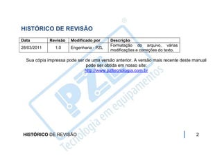 HISTÓRICO DE REVISÃO
Data         Revisão   Modificado por     Descrição
                                          Formatação do arquivo, várias
28/03/2011     1.0     Engenharia - PZL
                                          modificações e correções do texto.

  Sua cópia impressa pode ser de uma versão anterior. A versão mais recente deste manual
                              pode ser obtida em nosso site:
                             http://www.pzltecnologia.com.br




 HISTÓRICO DE REVISÃO                                                              2
 