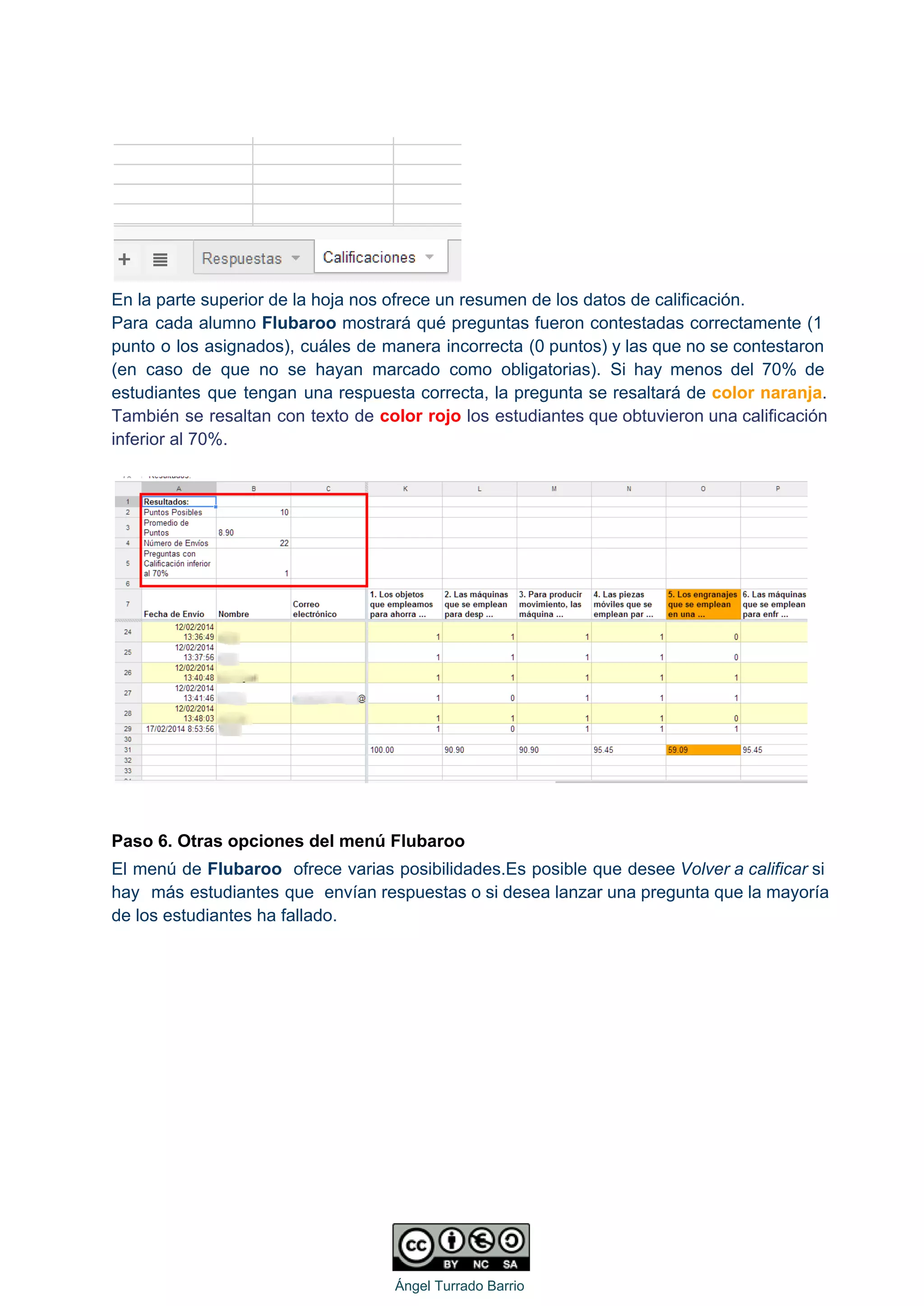  
 
En la parte superior de la hoja nos ofrece un resumen de los datos de calificación.  
Para cada alumno Flubaroo mostrará qué preguntas fueron contestadas correctamente (1                     
punto o los asignados), cuáles de manera incorrecta (0 puntos) y las que no se contestaron                               
(en caso de que no se hayan marcado como obligatorias). Si hay menos del 70% de                               
estudiantes que tengan una respuesta correcta, la pregunta se resaltará de color naranja.                         
También se resaltan con texto de color rojo los estudiantes que obtuvieron una calificación                           
inferior al 70%. 
 
 
 
Paso 6. Otras opciones del menú Flubaroo 
El menú de Flubaroo ofrece varias posibilidades.Es posible que desee Volver a calificar si                           
hay más estudiantes que envían respuestas o si desea lanzar una pregunta que la mayoría                             
de los estudiantes ha fallado. 
 
   
Ángel Turrado Barrio 
 