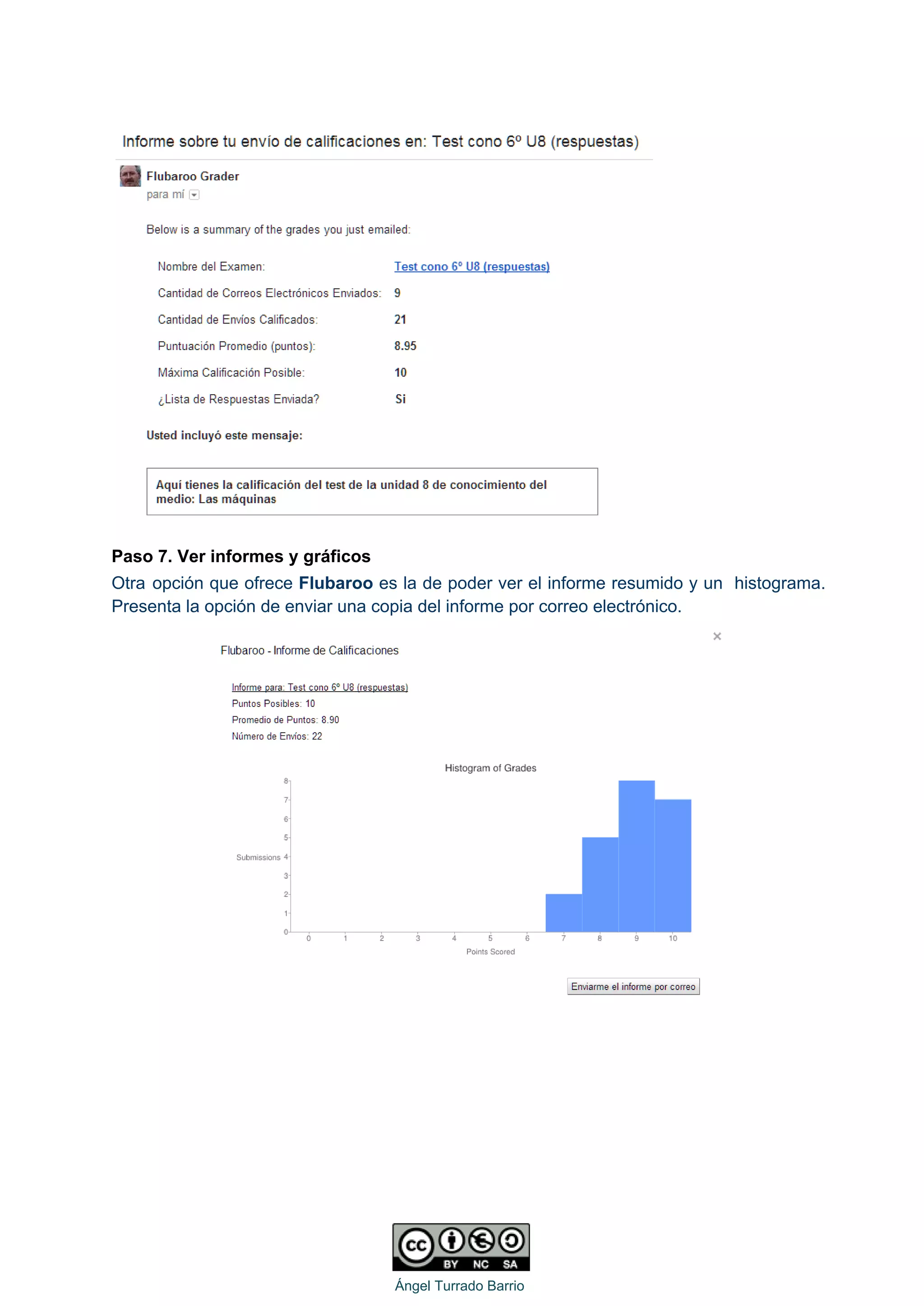  
Paso 7. Ver informes y gráficos 
Otra opción que ofrece Flubaroo es la de poder ver el informe resumido y un histograma.                               
Presenta la opción de enviar una copia del informe por correo electrónico. 
 
 
 
   
Ángel Turrado Barrio 
 