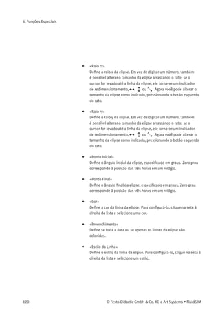 6. Funções Especiais
• «Camada»
Deﬁne a camada de desenho do retângulo. Para conﬁgurá-la, clique
na seta à direita da lista e selecione uma camada.
Dependendo das conﬁgurações da camada de desenho, o retângulo
pode ﬁcar invisível ou impossível de ser selecionado. Nesse caso,
para visualizar um retângulo invisível ou mudar suas propriedades,
a camada de desenho deve ser ativada através do menu Visualizar
Camadas... .
Elipses
Ao selecionar uma elipse e clicar em Editar Propriedades... ou simples-
mente ao clicar duas vezes nela, a caixa de diálogo de propriedades
aparece.
Descrição da caixa de diálogo:
• «Centro x»
Deﬁne a coordenada x do centro da elipse. Em vez de digitar um
número, a elipse também pode ser movida com o rato.
• «Centro y»
Deﬁne a coordenada y do centro da elipse. Em vez de digitar um
número, a elipse também pode ser movida com o rato.
© Festo Didactic GmbH & Co. KG e Art Systems • FluidSIM 119
 
