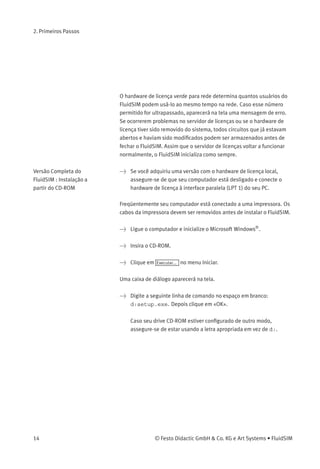 2. Primeiros Passos
2.2.1
Instalação com Ativação
do Programa
Ao inicializar pela primeira vez o FluidSIM, você deverá ativar o Fluid-
SIM. A ativação pode ocorrer de três maneiras.
• Ativação On-line Automática
Se seu computador estiver conectado à internet, a ativação do
FluidSIM pode ser totalmente automática.
• Ativação Indireta
Uma caixa de diálogo de ativação aparecerá na tela mostrando
um endereço na internet (url) e seu código individual de licença.
Com essas informações você pode gerar seu código individual de
ativação em qualquer computador que tenha acesso à internet.
Depois é preciso digitar o código de ativação na caixa de diálogo de
ativação do PC de instalação.
• Entre em contato com a Festo para receber seu código individual de
ativação
Caso você não tenha acesso à internet ou se houver problemas
com a ativação via internet, entre em contato com um de nossos
funcionários durante o horário comercial para que ele possa lhe
fornecer seu código de ativação.
2.2.2
Instalação com o hardware
de licença
Dependendo do tipo de licença (sistemas locais ou rede), só é
necessário utilizar o hardware de licença durante a instalação do Flu-
idSIM ou ele deve permanecer conectado ao servidor de licenças.
O hardware de licença azul para sistemas locais determina quantas
vezes o FluidSIM pode ser instalado. Por exemplo, se você adquiriu uma
licença para um grupo de estudantes, é possível executar exatamente
o número de instalações locais correspondentes. Observe, porém, que
é possível «recarregar» o hardware de licença a cada desinstalação,
simplesmente conectando-o e iniciando o programa de desinstalação
(ver capítulo 2.4).
© Festo Didactic GmbH & Co. KG e Art Systems • FluidSIM 13
 