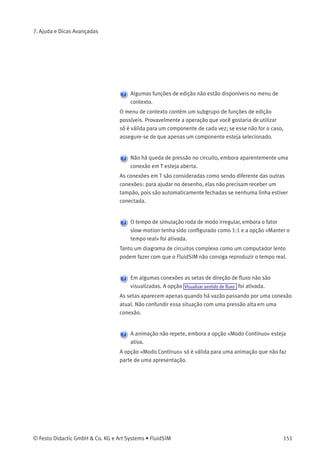 7. Ajuda e Dicas Avançadas
Os parâmetros de um componente não podem ser modiﬁcados.
Veriﬁque se o FluidSIM está realmente no Modo de Edição ou se a
simulação está em pausa ( ).
O disco rígido está rodando sem parar e a simulação está lenta.
A memória disponível é insuﬁciente. Uma alternativa é fechar as outras
aplicações que estejam rodando ou sair do Microsoft Windows®
e
reiniciar o computador.
Não é possível encontrar as linhas já desenhadas que aparecem
como sobrepostas.
Pressione a tecla Del imediatamente depois de aceitar a mensagem;
depois desenhe uma nova linha.
O FluidSIM não está operando normalmente.
Feche tanto o FluidSIM quanto o Microsoft Windows®
e depois reinicie o
Microsoft Windows®
e o FluidSIM.
Não é possível selecionar as caixas de texto.
Certiﬁque-se de que a opção Proteger componentes texto não foi ativada.
Não é possível comutar as válvulas.
Válvulas de acionamento elétrico ou pneumático só podem ser
comutadas manualmente se nenhum tipo de sinal de controle for
aplicado.
150 © Festo Didactic GmbH & Co. KG e Art Systems • FluidSIM
 