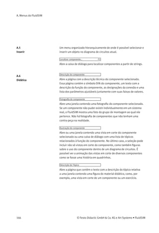 A. Menus do FluidSIM
A.4
Biblioteca
Visão Hierárquica
Abre uma janela da biblioteca onde os componentes do FluidSIM estão
organizados de forma hierárquica, ou seja, em uma árvore.
Visão geral
Abre uma janela da biblioteca que mostra uma visão geral de todos os
componentes do FluidSIM.
FluidSIM versão 2
Abre uma janela da biblioteca que mostra a biblioteca original de
componentes da versão 2 do FluidSIM.
Se apenas esses componentes são usados, os diagramas de circuitos
criados podem ser abertos e simulados por todas as versões prévias do
FluidSIM.
Novo...
Abre uma caixa de diálogo para a criação de uma biblioteca de
componentes deﬁnida pelo usuário.
Bibliotecas de componentes deﬁnidas pelo usuário podem ser
reorganizadas conforme a preferência do usuário —e, diferente
das bibliotecas padrão do FluidSIM, é possível adicionar ou deletar
componentes.
Renomear...
Abre uma caixa de diálogo para renomear uma biblioteca de componen-
tes deﬁnida pelo usuário.
Deletar
Deleta aquela biblioteca de componentes deﬁnida pelo usuário cuja
janela de visão geral está ativa no momento.
© Festo Didactic GmbH & Co. KG e Art Systems • FluidSIM 165
 