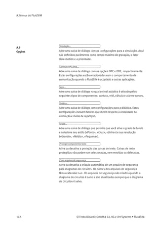 A. Menus do FluidSIM
Etiquetas...
Abre uma caixa de diálogo do estilo de visualização da etiqueta. É
possível deﬁnir se as etiquetas terão moldura ou não.
Visualizar grade G
Ativa a grade de fundo de acordo com o estilo conﬁgurado. O estilo da
grade pode ser escolhido através de Opções Grade... .
Camadas...
Abre a caixa de diálogo para renomear e ativar as camadas de desenho
do FluidSIM. Até oito camadas de desenho estão disponíveis para
desenhar objetos que não podem ser simulados, tais como textos,
importações DXF, retângulos, círculos, diagramas de estado ou listas de
peças. Os componentes do FluidSIM que podem ser simulados ﬁcam
sempre na camada de desenho de número um.
Cursor ampliado M
Ativa ou desativa o cursor ampliado.
Barra de ferramentas
Mostra ou oculta a barra de ferramentas.
Barra de status
Mostra ou oculta a barra de status.
© Festo Didactic GmbH & Co. KG e Art Systems • FluidSIM 171
 