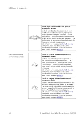 B. Biblioteca de Componentes
Válvula solenóide de 5/2 vias
A válvula solenóide é controlada aplicando-se um
sinal de tensão na bobina eletromagnética. A vazão
ﬂui livremente de 1 para 4. Ao interromper o sinal a
válvula retorna à sua posição inicial através de uma
mola de retorno. A vazão ﬂui livremente de 1 para 2.
Se nenhum sinal for aplicado à válvula, ela pode ser
acionada manualmente.
Esta válvula é derivada de uma válvula de 5/n vias
conﬁgurável. Você encontra essa válvula na
biblioteca de componentes «Válvulas Direcionais
Mais Usadas», no menu Biblioteca .
Válvula duplo solenóide de 5/2 vias
A válvula solenóide é controlada aplicando-se um
sinal de tensão na bobina eletromagnética (vazão ﬂui
de 1 para 4) e permanece nessa posição operacional
mesmo quando o sinal é interrompido. Somente
quando um sinal oposto for aplicado a válvula
retornará à sua posição inicial (vazão ﬂui livremente
de 1 para 2). Se nenhum sinal for aplicado à válvula,
ela pode ser acionada manualmente.
Esta válvula é derivada de uma válvula de 5/n vias
conﬁgurável. Você encontra essa válvula na
biblioteca de componentes «Válvulas Direcionais
Mais Usadas», no menu Biblioteca .
© Festo Didactic GmbH & Co. KG e Art Systems • FluidSIM 183
 