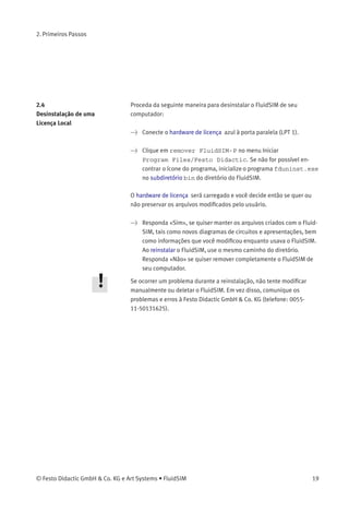 2. Primeiros Passos
O diretório lib contém uma visão global da biblioteca de componentes
do FluidSIM.
O diretório lib2 contém a biblioteca de componentes das versões 2.x
do FluidSIM.
O diretório misc contém arquivos auxiliares e arquivos opcionais para o
FluidSIM.
O diretório snd contém arquivos de som para o FluidSIM.
O diretório sym mostra uma visão hierárquica da biblioteca de
componentes do FluidSIM. Os conteúdos deste diretório também
podem ser vistos de forma hierárquica no menu Inserir .
O diretório shw contém arquivos para serem usados nas apresentações.
O diretório tmp contém modelos de circuitos pré-calculados e arquivos
temporários criados pelo FluidSIM.
O software completo do FluidSIM ocupa aproximadamente 16 MB de
memória no disco rígido.
18 © Festo Didactic GmbH & Co. KG e Art Systems • FluidSIM
 