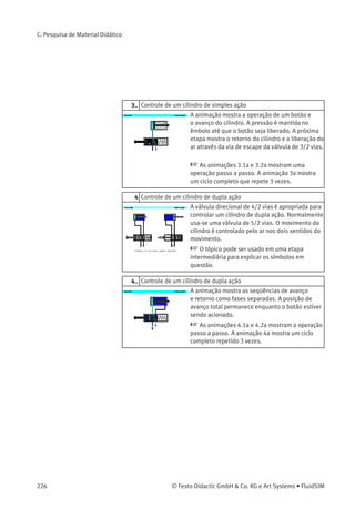 C. Pesquisa de Material Didático
Este capítulo oferece uma ampla lista contendo elementos de material
didático do FluidSIM que não foram abordados no capítulo B «Biblioteca
de Componentes». Trata-se basicamente de ilustrações sobre o
comportamento de componentes, animações, exercícios e ﬁlmes
didáticos que podem ser ativados através do menu Didática .
Os capítulos a seguir estão organizados por tema. O ícone indica
que existe uma animação sobre o tópico em questão. O último capítulo
oferece uma visão geral dos ﬁlmes didáticos.
C.1
Conceitos Básicos
1 Estrutura do sistema pneumático e ﬂuxo de sinais
Um sistema pneumático pode ser dividido em
vários níveis representando o hardware e o ﬂuxo
de sinais da fonte de energia para os dispositivos
de acionamento.
 