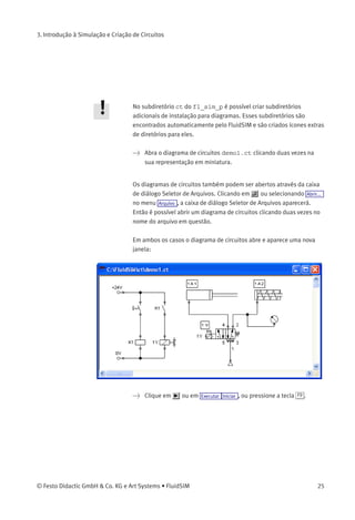 3. Introdução à Simulação e Criação de Circuitos
Aparecerão janelas de visualização de conteúdo que contêm visões
gerais dos diagramas de circuitos existentes:
Uma janela de visualização de conteúdo expõe os diagramas de
circuitos de um diretório especíﬁco em ordem alfabética juntos com
uma representação em miniatura. O nome do diretório atual aparece na
barra de título da janela de visualização de conteúdo; os arquivos que
contêm os diagramas de circuitos do FluidSIM têm a extensão ct.
Clicando duas vezes no ícone de um diretório, você terá acesso ao
respectivo subdiretório.
24 © Festo Didactic GmbH & Co. KG e Art Systems • FluidSIM
 