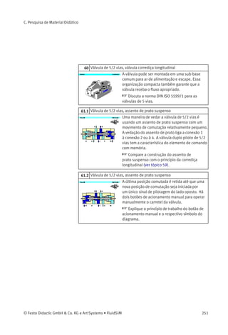 C. Pesquisa de Material Didático
17.. Designando os elementos, diagrama de circuitos
A animação mostra a relação entre os níveis de um
circuito, o posicionamento físico das válvulas de
rolete e o posicionamento no circuito das válvulas
de rolete. O sistema de numeração e a conexão
das vias estão indicados.
 