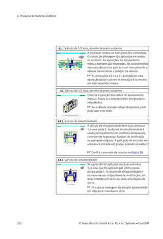 As animações de 17.1a a 17.6a mostram o
desenvolvimento do circuito passo a passo. A
animação 17.a apresenta um ciclo completo.
C.3
Circuitos
18.1 Comando direto, não acionado
Um cilindro de simples ação de 25 mm de
diâmetro deve ﬁxar um componente quando um
botão é pressionado. Enquanto o botão estiver
sendo acionado, o cilindro deve permanecer na
posição de ﬁxação.
 