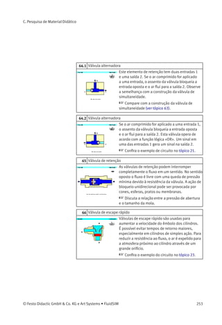 Discuta o padrão de layout do circuito, a
numeração e operação. Observe que o circuito
está representado no seu estado inicial.
18.2 Comando direto (acionado)
Como o cilindro é o único elemento de trabalho
ou atuador do circuito, ele é chamado de 1A1. O
elemento de comando que faz com que o cilindro
avance é chamado de 1S1.
 