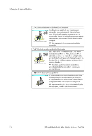 C. Pesquisa de Material Didático
19.2 Comando indireto (acionado)
O sinal na conexão de pilotagem 12 permanece
enquanto o botão for pressionado. O cilindro é
comandado indiretamente pelo botão. Se o botão
for liberado, o retorno por mola fecha a válvula de
3/2 vias e remove o sinal de pilotagem na válvula
de comando.
 