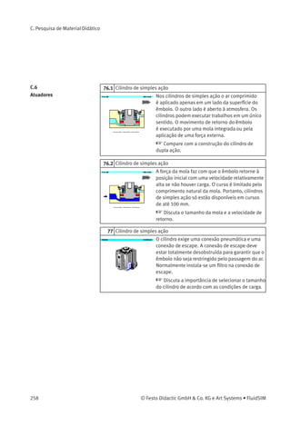 Discuta o padrão de layout do circuito, a
numeração e operação.
20.2 Válvula de simultaneidade
As entradas da válvula de simultaneidade são
conectadas às saídas das duas válvulas de 3/2
vias. Depois que o botão 1S1 é operado, um
sinal é gerado no lado esquerdo da entrada 1 da
válvula de simultaneidade. O sinal é bloqueado
pela válvula de simultaneidade. Não há saída na
conexão 2.
 