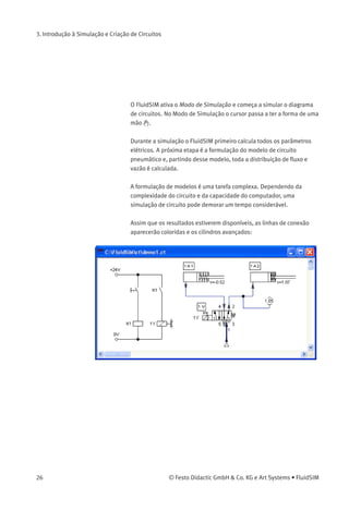 3. Introdução à Simulação e Criação de Circuitos
No subdiretório ct do fl_sim_p é possível criar subdiretórios
adicionais de instalação para diagramas. Esses subdiretórios são
encontrados automaticamente pelo FluidSIM e são criados ícones extras
de diretórios para eles.
> Abra o diagrama de circuitos demo1.ct clicando duas vezes na
sua representação em miniatura.
Os diagramas de circuitos também podem ser abertos através da caixa
de diálogo Seletor de Arquivos. Clicando em ou selecionando Abrir...
no menu Arquivo , a caixa de diálogo Seletor de Arquivos aparecerá.
Então é possível abrir um diagrama de circuitos clicando duas vezes no
nome do arquivo em questão.
Em ambos os casos o diagrama de circuitos abre e aparece uma nova
janela:
> Clique em ou em Executar Iniciar , ou pressione a tecla F9 .
© Festo Didactic GmbH & Co. KG e Art Systems • FluidSIM 25
 