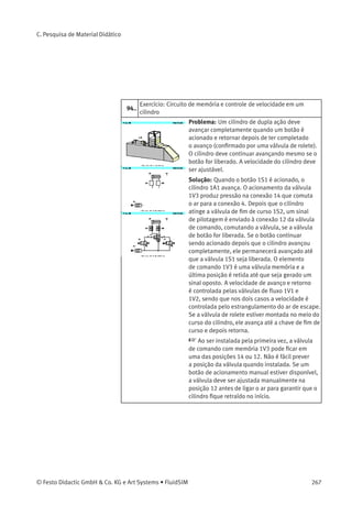 Discuta a característica de memória da válvula
biestável.
22.2 Circuito de memória, válvula biestável de 5/2 vias
Por causa das características de memória da
válvula biestável, os sinais gerados por botões
podem ser de curta duração ou pulsantes. Depois
que o botão 1S1 foi acionado, um sinal 1 é criado
na conexão 14 da válvula de comando 1V3. A
válvula memória de 5/2 vias comuta e o cilindro
1A1 avança.
 