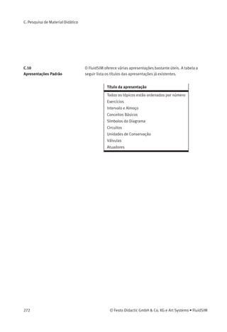 Discuta a situação quando 1S1 e 1S2 são
operados juntos.
23 Circuito com válvula de escape rápido
Uma haste de cilindro deve percorrer o curso
mais rapidamente, utilizando a válvula de escape
rápido. O movimento de avanço da haste é
auxiliado pela liberação do ar de escape na
válvula de escape rápido. O curso de retorno
não muda, por causa da válvula de retenção em
bypass.
 